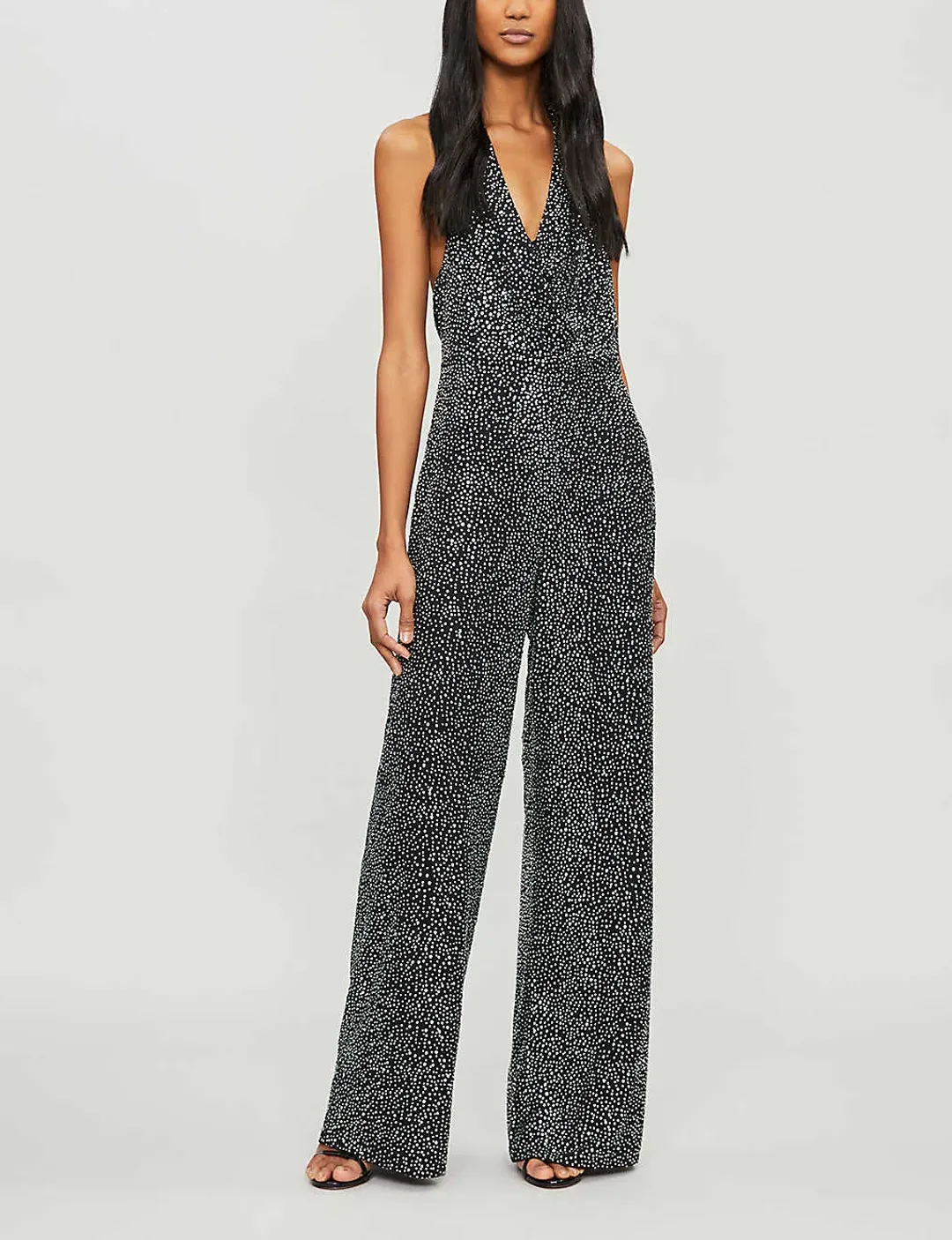 Alice and Olivia Salem Draped Crystal Embellished Halterneck Jumpsuit Black Size 8 for rent on The Volte - main image