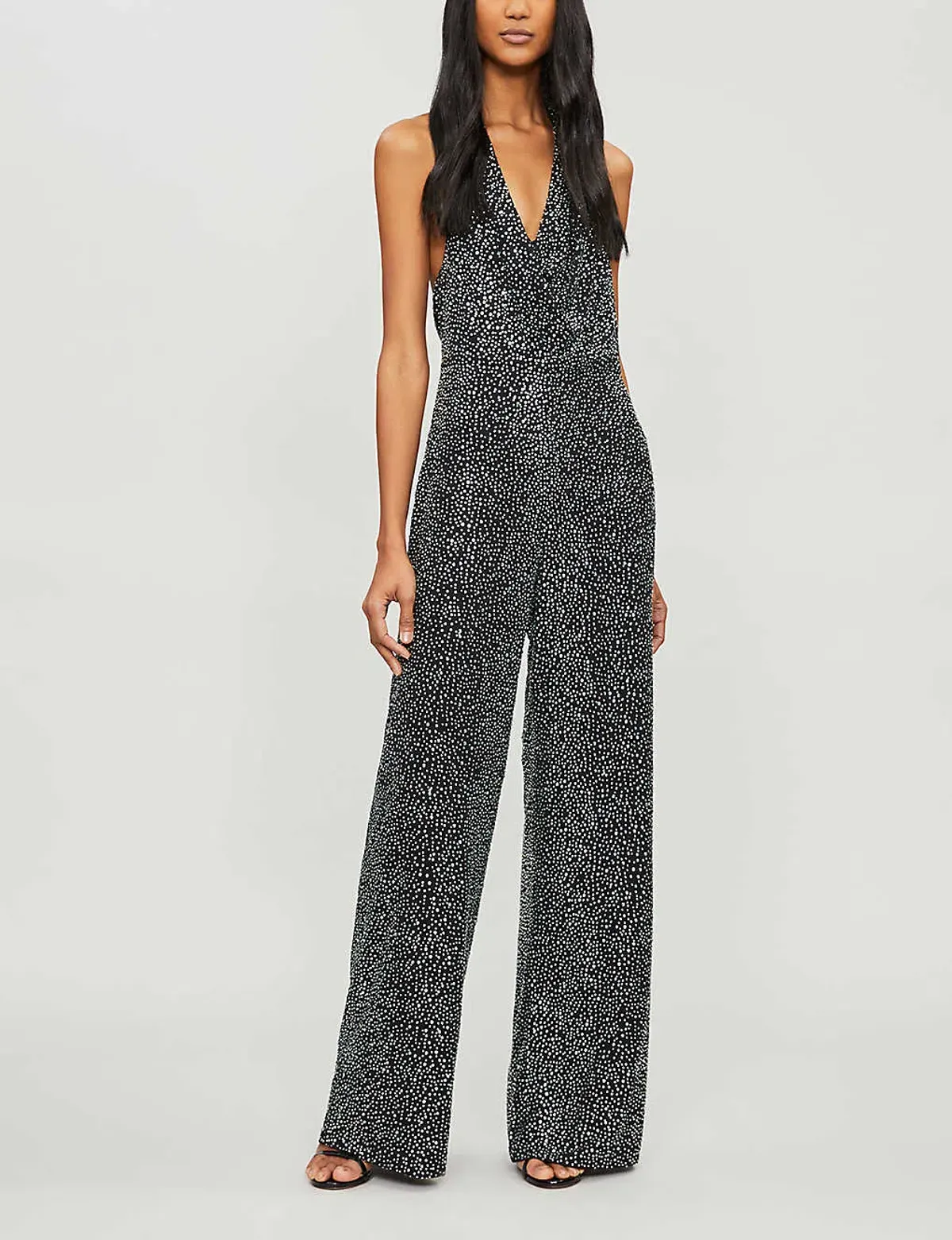 Alice and Olivia Salem Draped Crystal Embellished Halterneck Jumpsuit Black Size 8 - Image 1