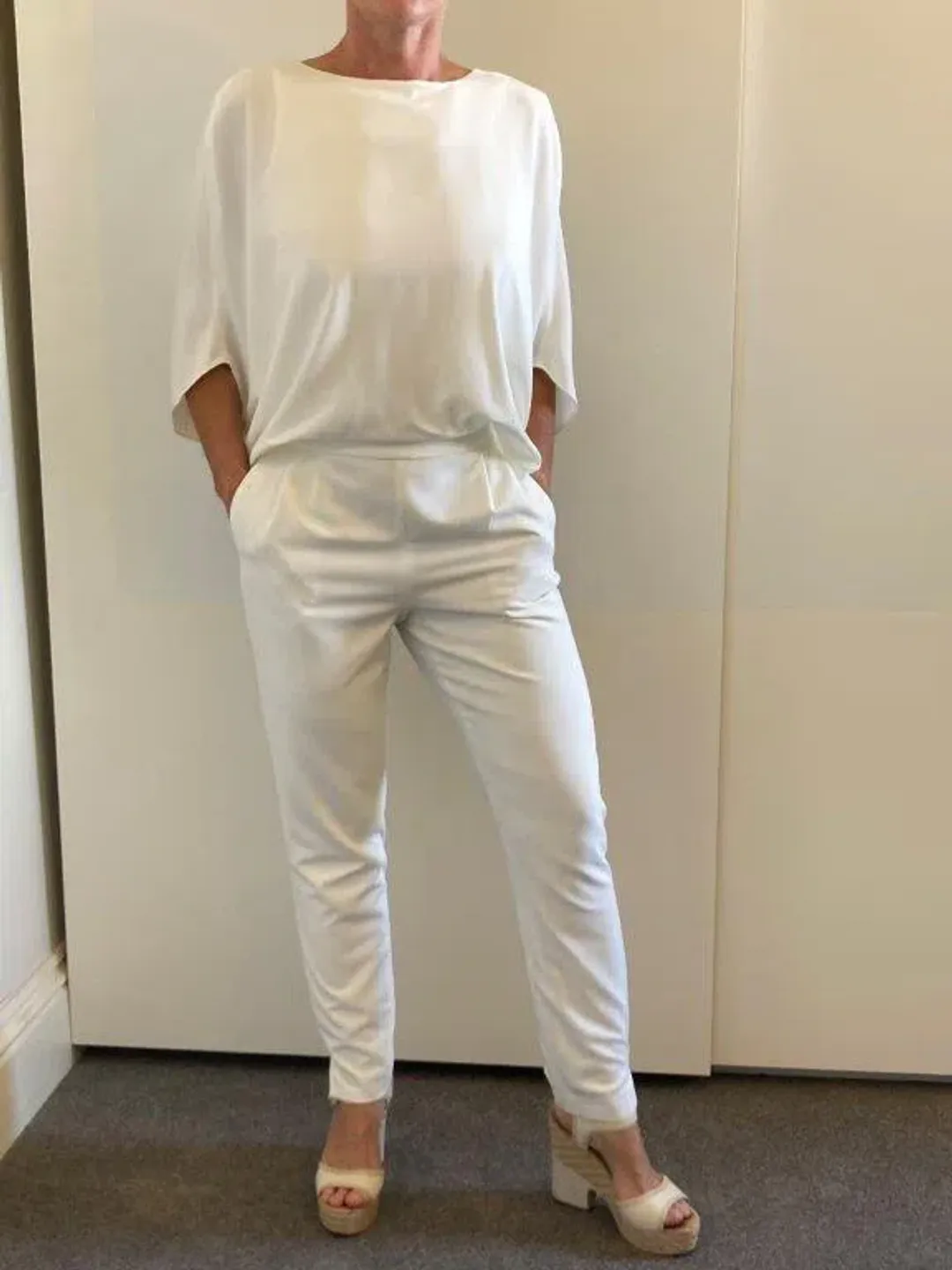 Halston Draped Crepe de Chine Jumpsuit White Size 8 for rent on The Volte - main image