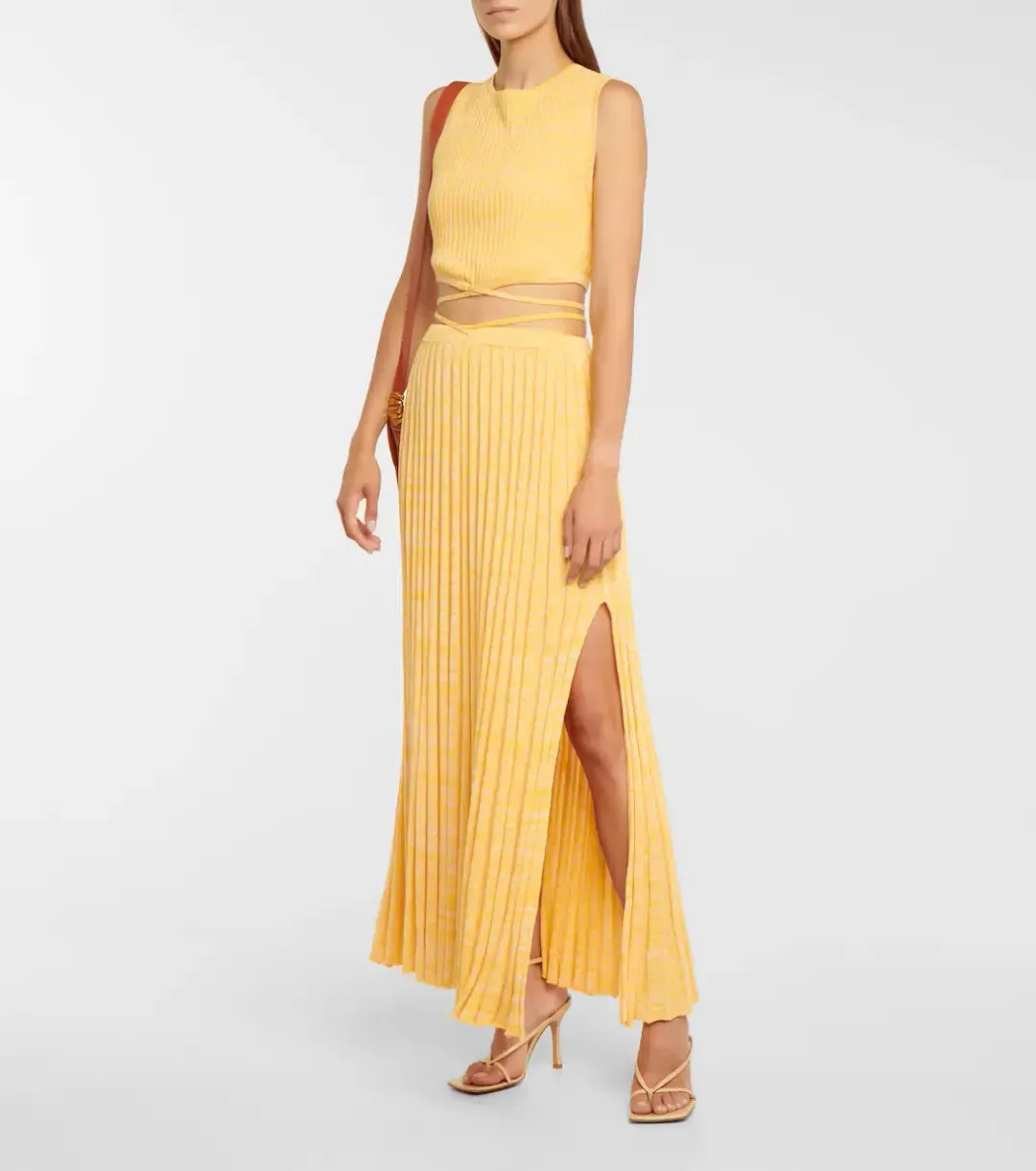 Christopher Esber Wrap Tie Knit Cropped Top and Pleated Knit Tie Midi Skirt Set Yellow Size 4 for rent on The Volte - main image