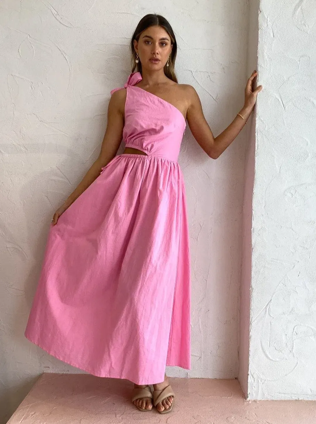 By Nicola Gabriella One Shoulder Midi Dress in Pink Grapefruit Size 6 for rent on The Volte - main image