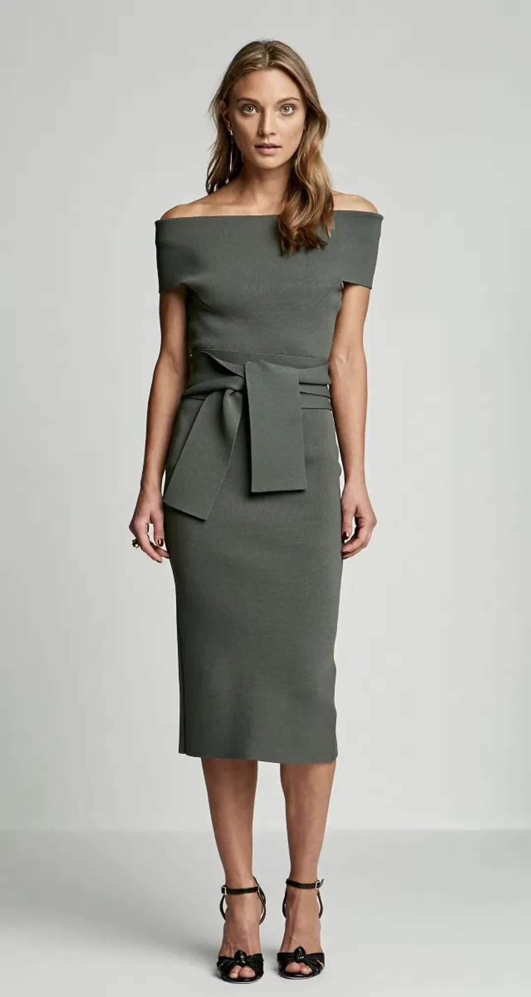 Scanlan Theodore Crepe Knit Off Shoulder Dress Safari Green Size S  for rent on The Volte - main image