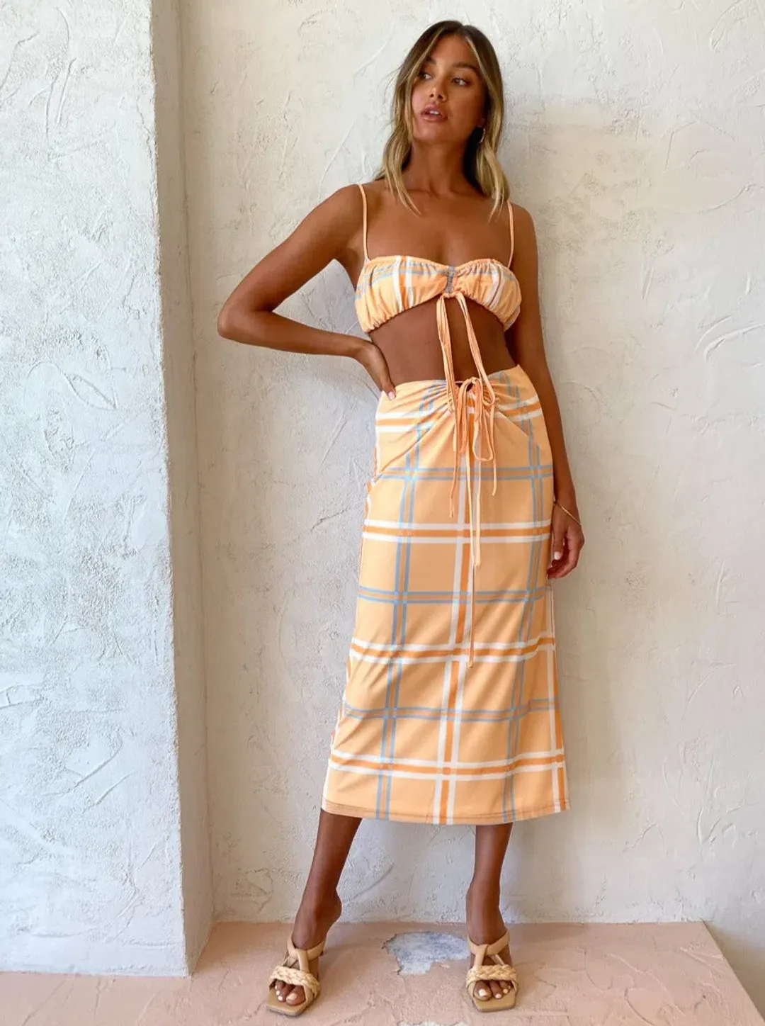 Hansen & Gretel Dalai Top and Saskia Skirt Tangelo Check Orange Size 8 for rent on The Volte - main image