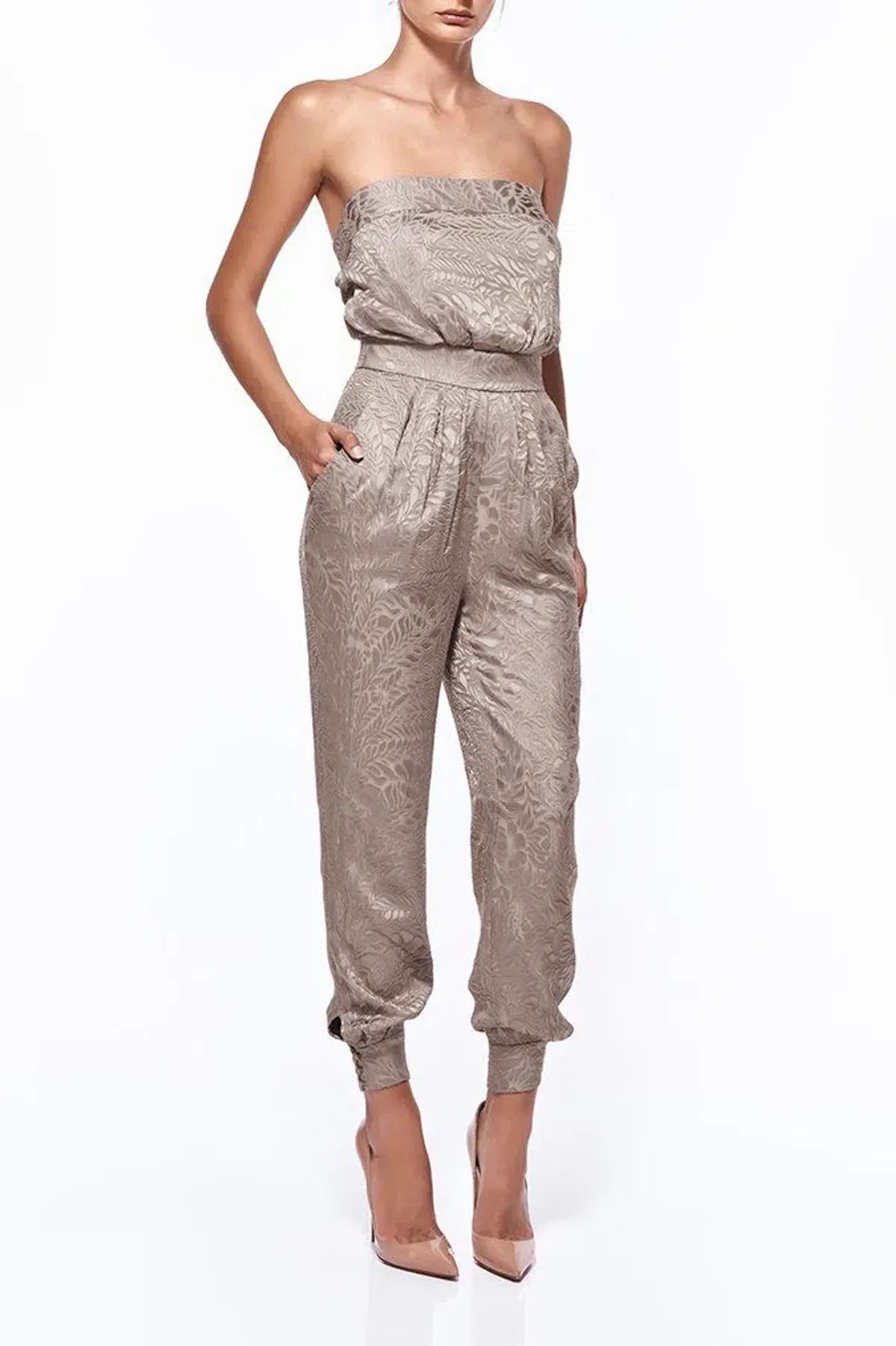 Misha Isabella Burnout Tapered Pantsuit Champagne Nude Size 10/M - Image 1