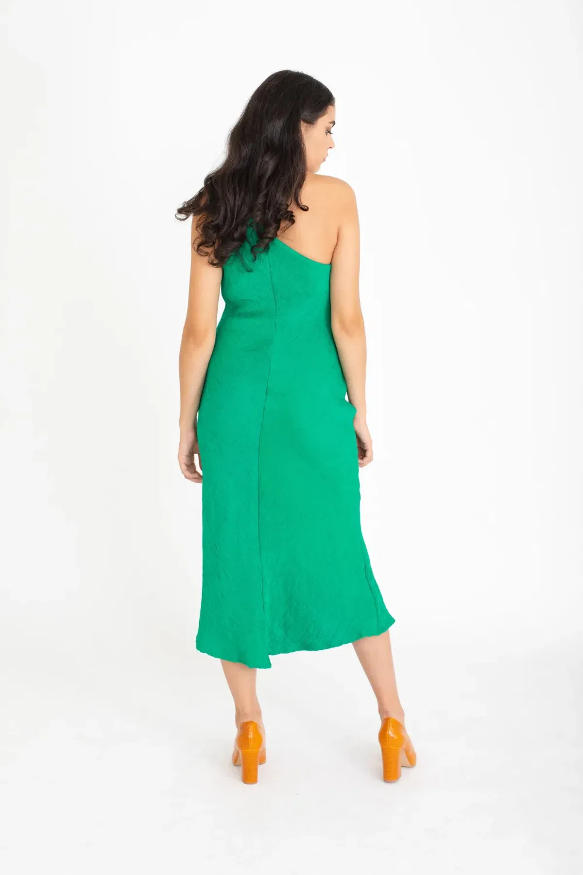 By Johnny Asymmetric Crimp Bias Midi Dress Green Size 10  - Image 2