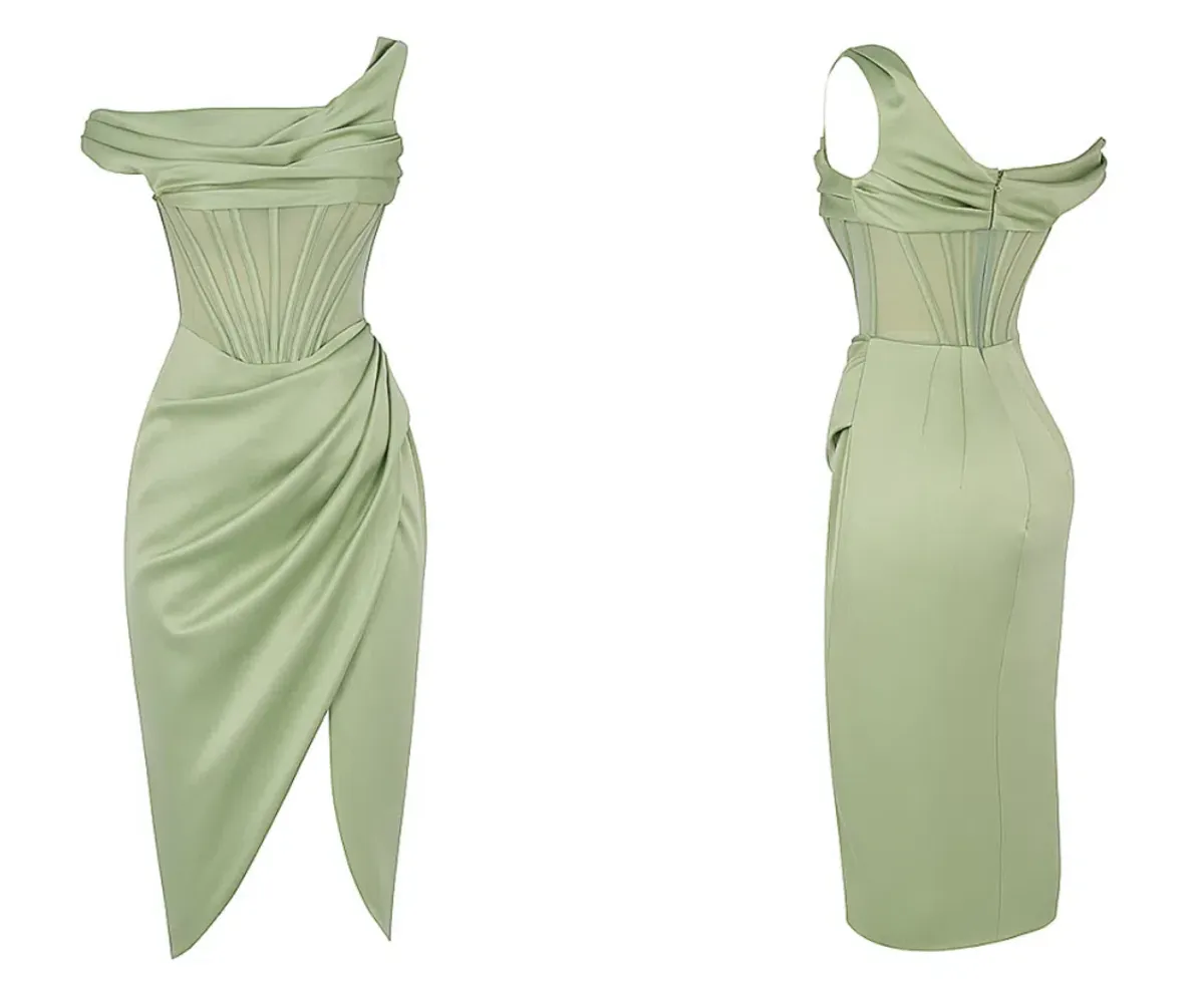 House of CB Lulu Pistachio Asymmetric Drape Corset Midi Dress Green Size 8 - Image 7