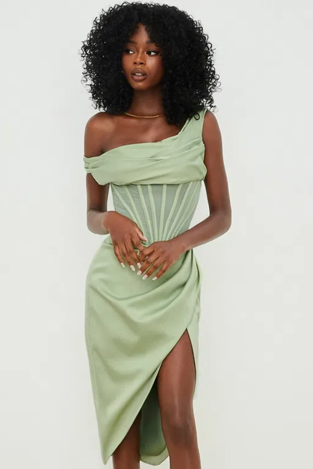 House of CB Lulu Pistachio Asymmetric Drape Corset Midi Dress Green Size 8 for rent on The Volte - main image