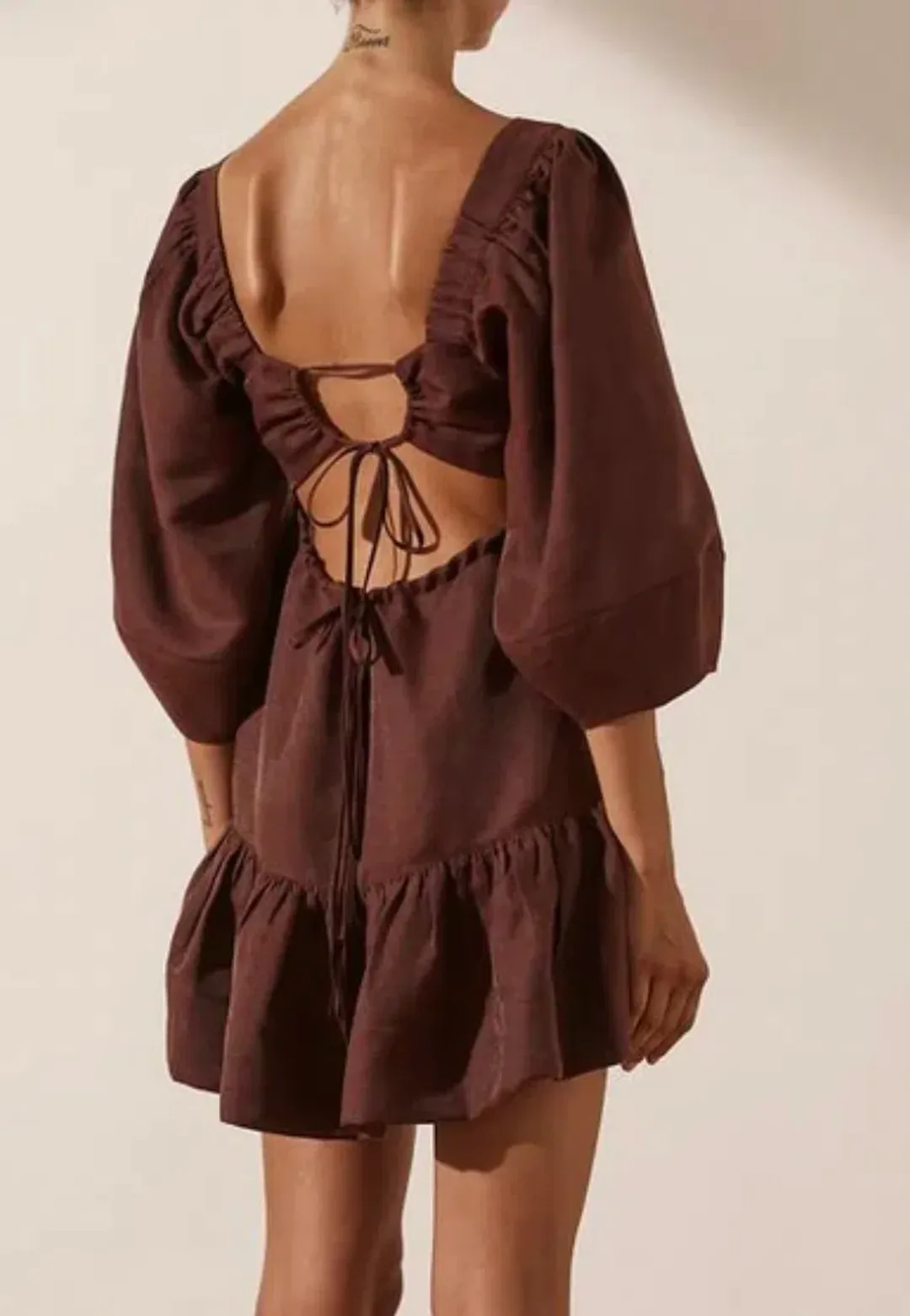 Shona Joy Marlene Linen Mini Dress Brown Size 6 for rent on The Volte - main image
