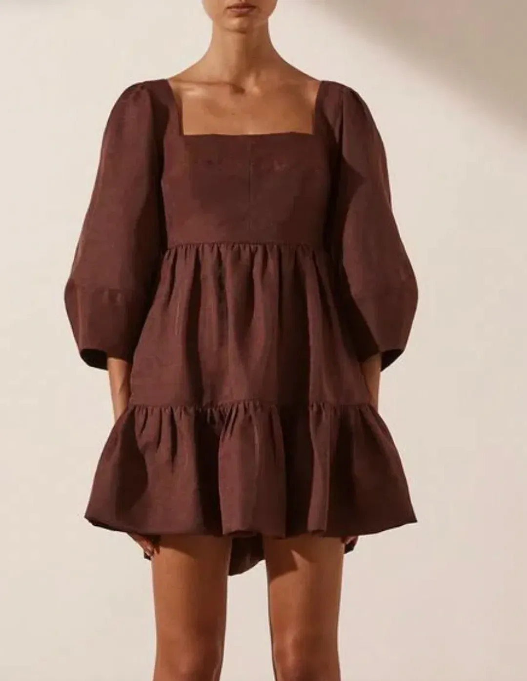 Shona Joy Marlene Linen Mini Dress Brown Size 6 for rent on The Volte - main image