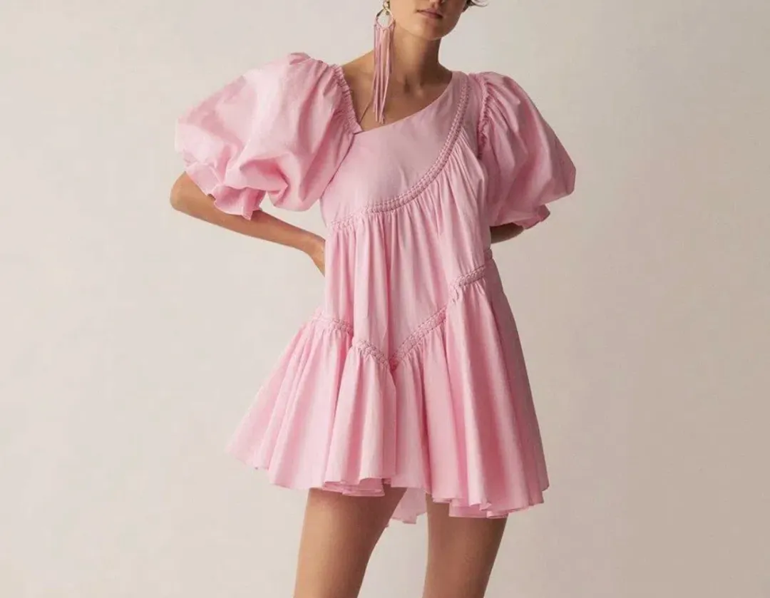 Aje Casabianca Braided Asymmetric Puff Sleeve Mini Dress Pink Size 16 for rent on The Volte - main image