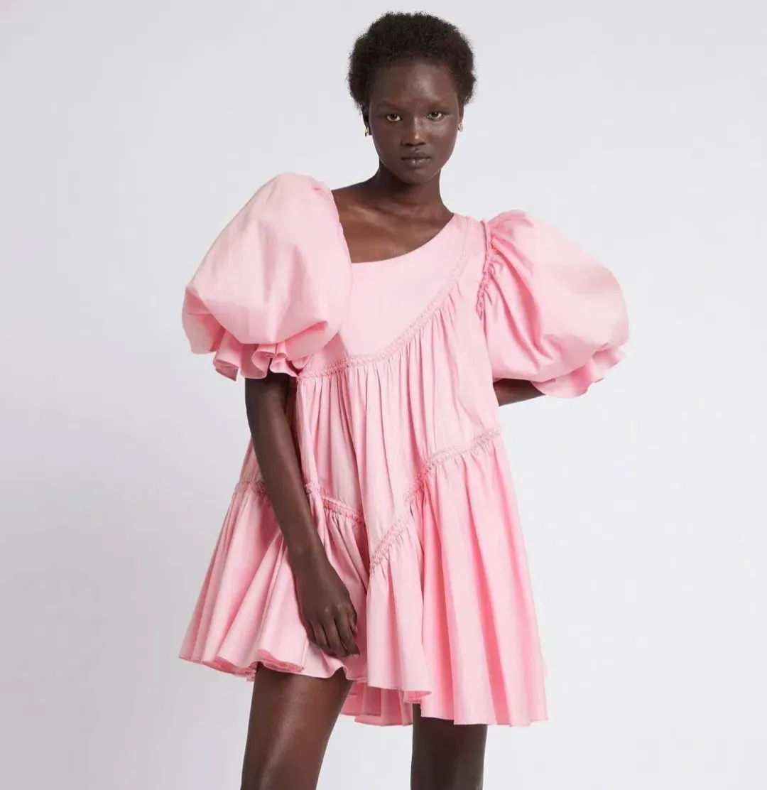 Aje Casabianca Braided Asymmetric Puff Sleeve Mini Dress Pink Size 16 for rent on The Volte - main image