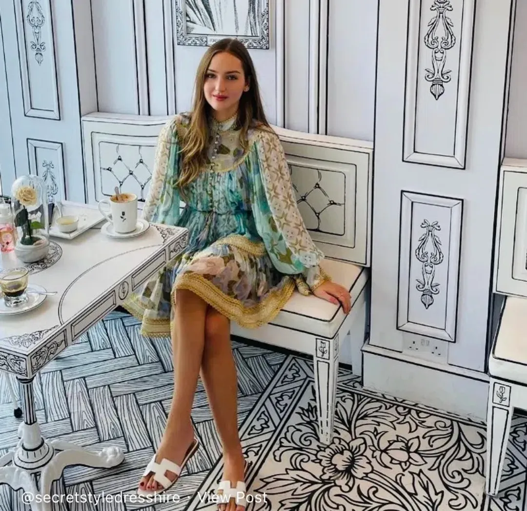 Zimmermann Rhythm Trimmed Billow Mini Dress Aqua Mixed Print Size 8 for rent on The Volte - main image