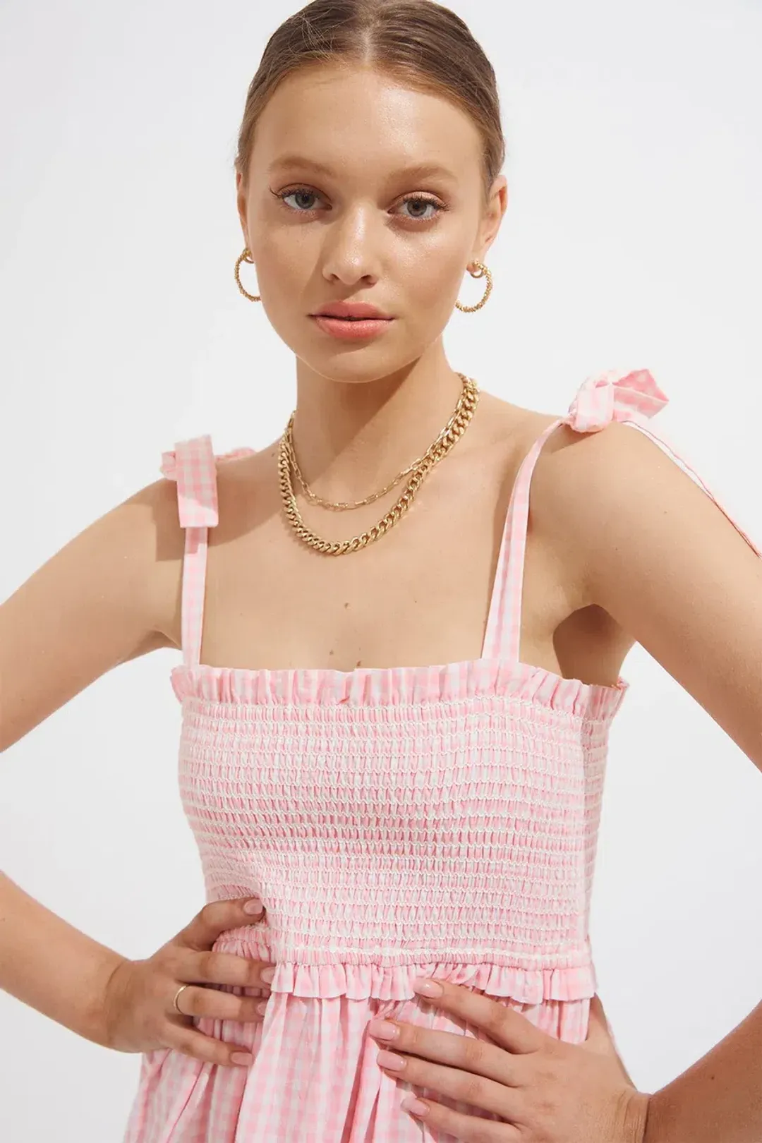 Steele Lyla Dress in Blush Check Print Size M  for rent on The Volte - main image