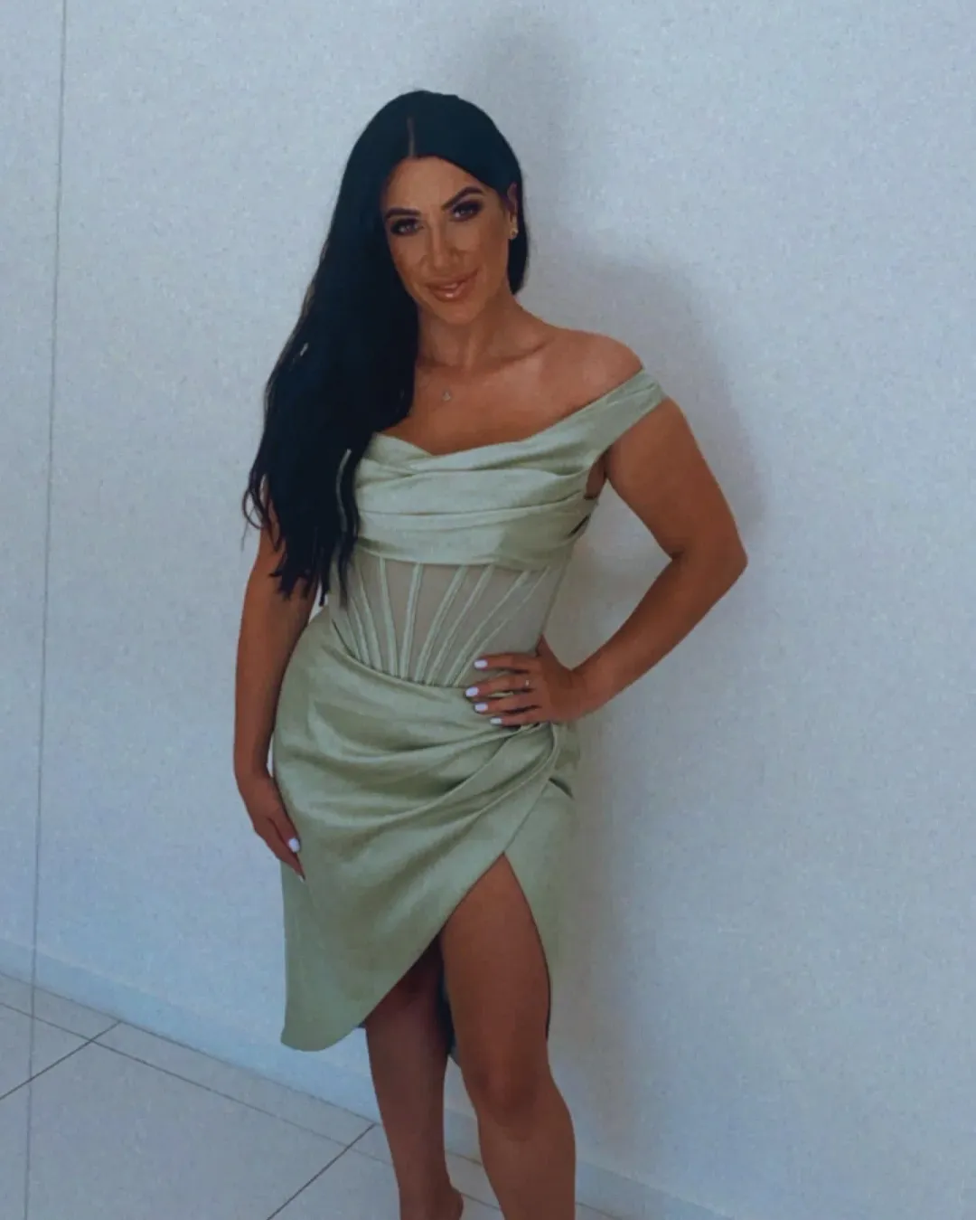 House of CB Lulu Asymmetric Drape Corset Midi Dress Green Size 8  for rent on The Volte - main image