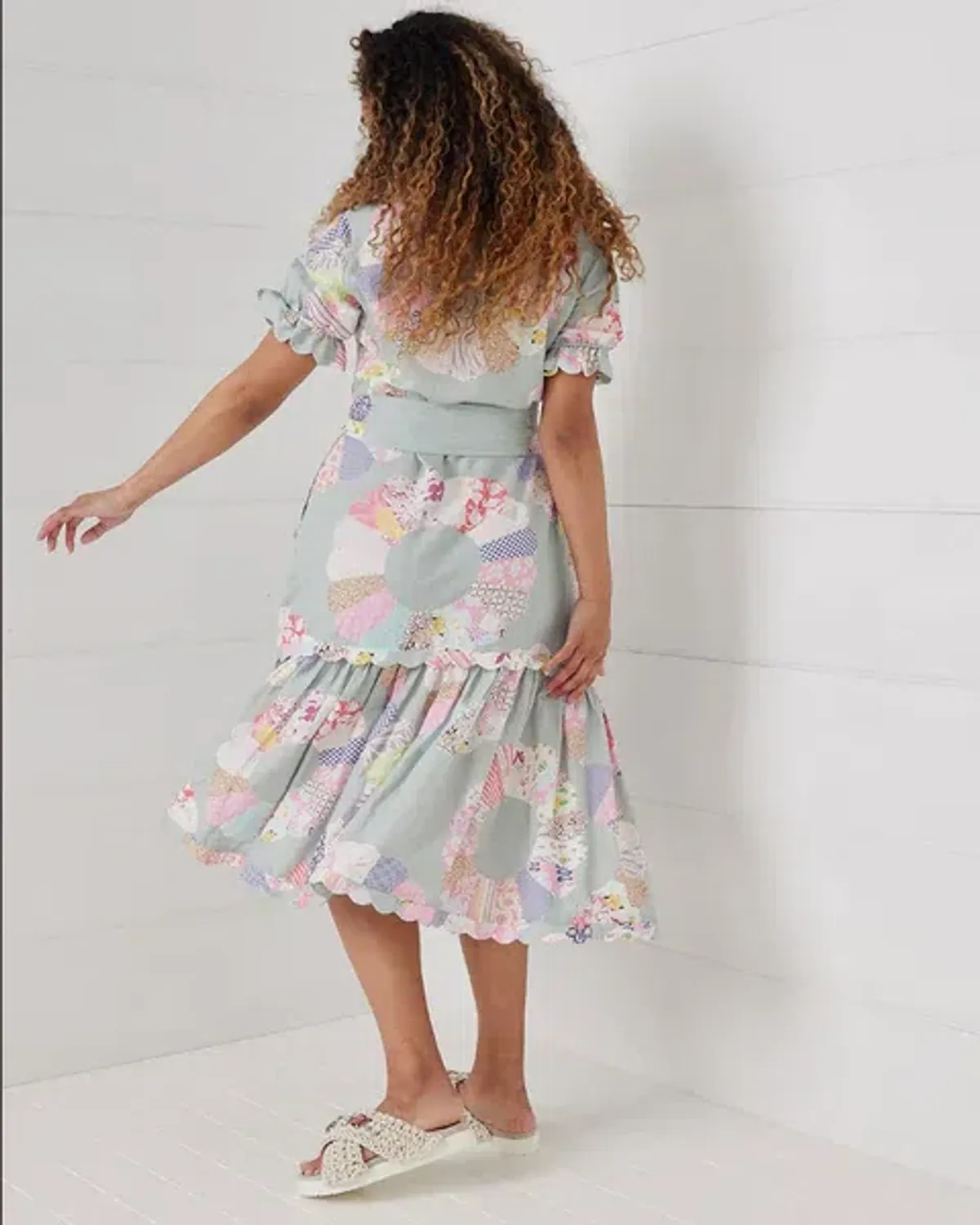 Binny Wheel of Fortune Linen Viscose Midi Dress Chambray Patchwork Print Size 16 - Image 2