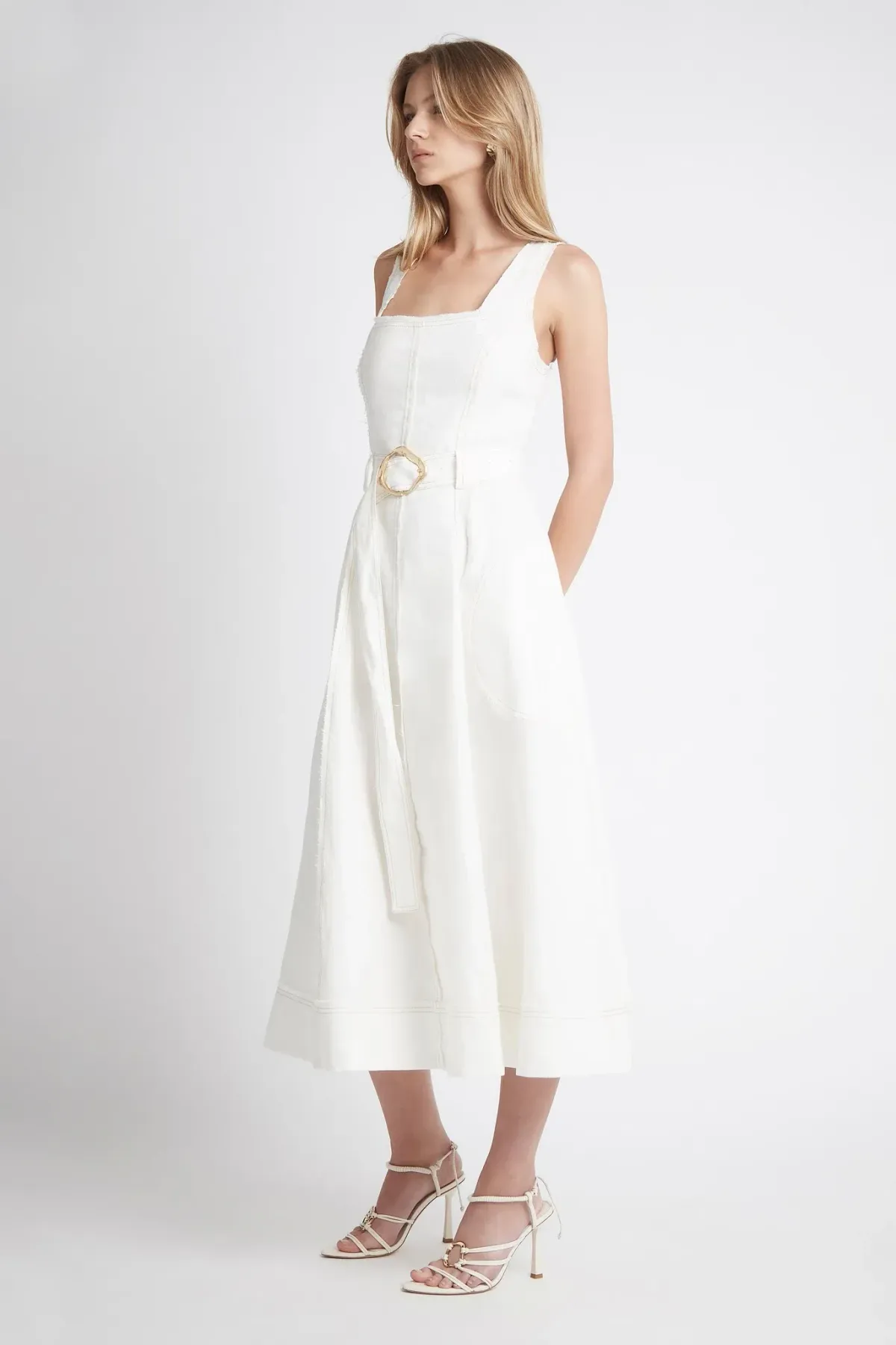 Aje Byblos Linen Belted Midi Dress White Size 6 - Image 3