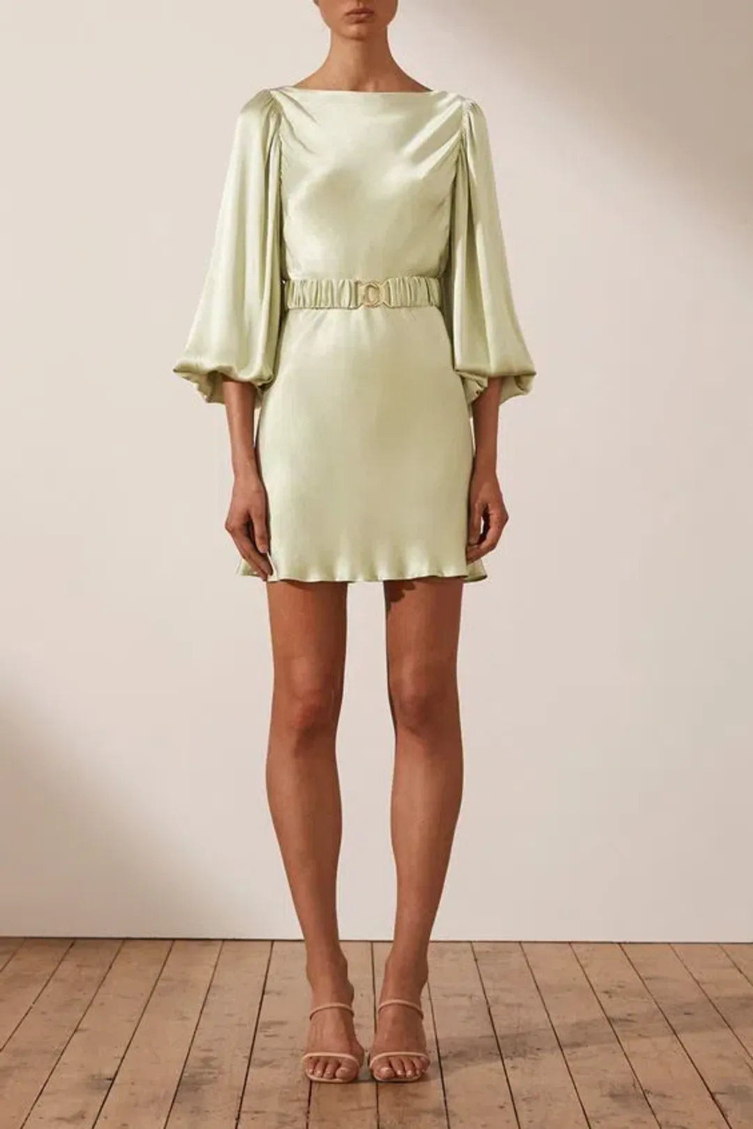 Shona Joy Giselle Balloon Sleeve Mini Dress with Belt Green Size 10 for rent on The Volte - main image