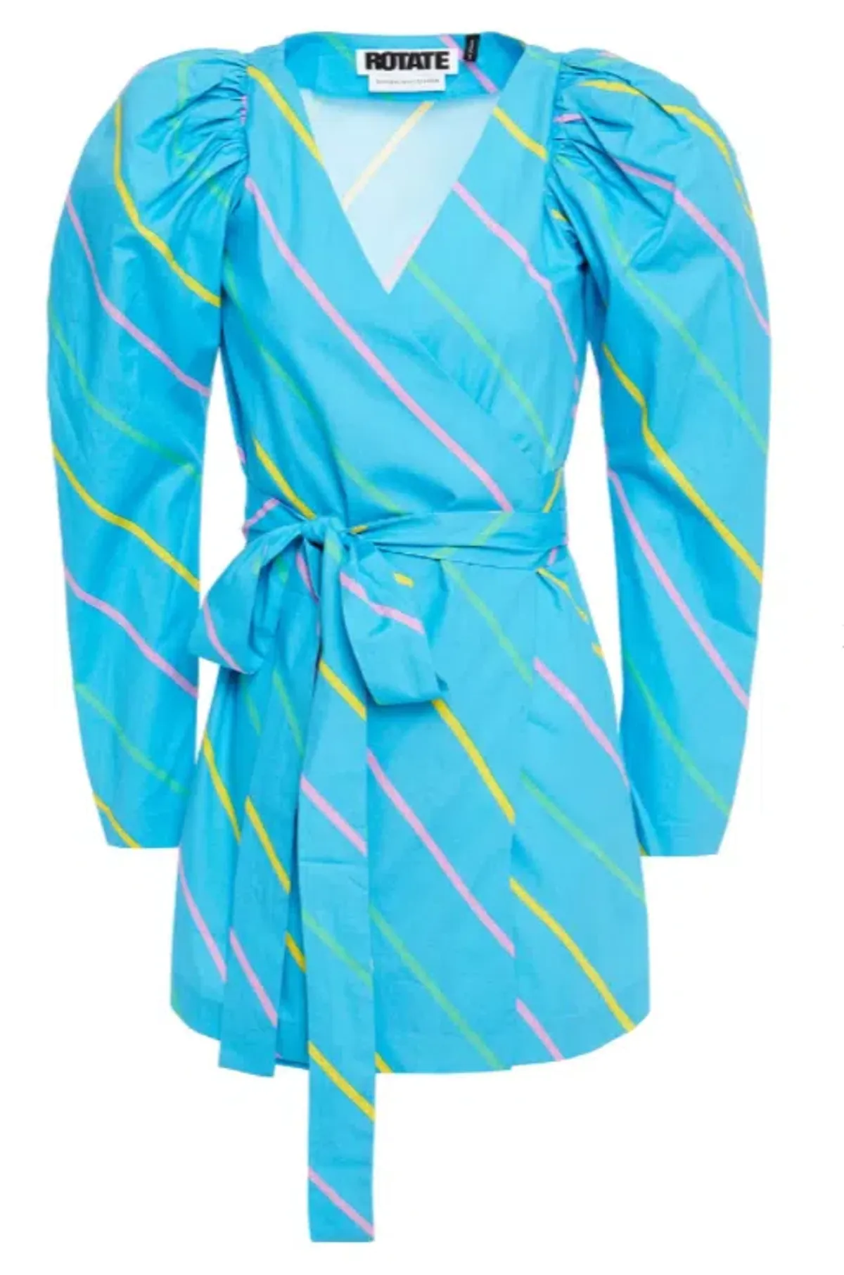 Rotate by Birger Christen Bridget Striped Cotton Poplin Mini Wrap Dress Blue Size 36 - Image 3