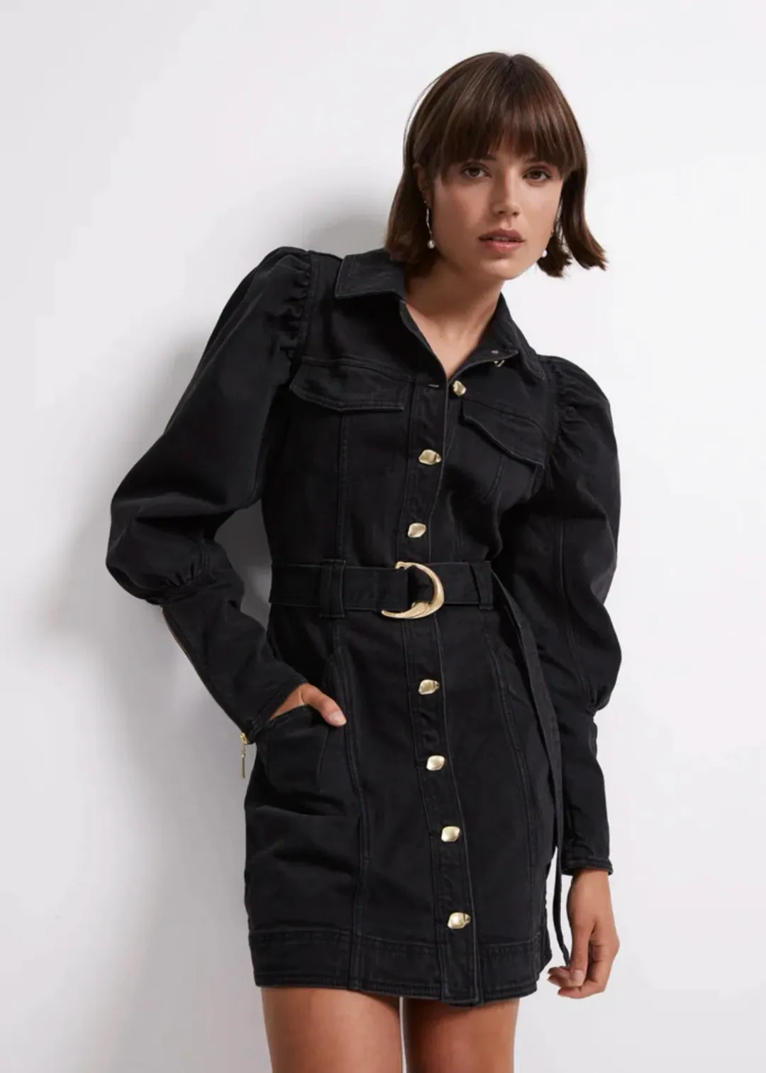Aje Dione Denim Long Sleeve Dress Black Size 12 for rent on The Volte - main image
