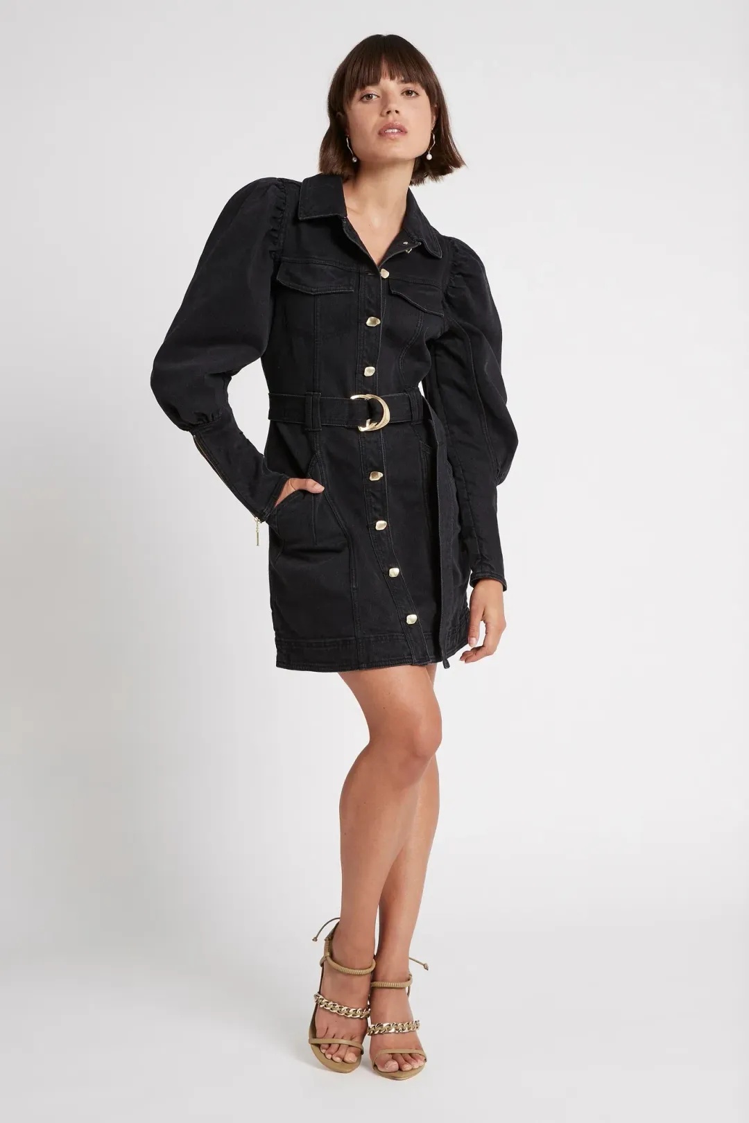 Aje Dione Denim Long Sleeve Dress Black Size 12 for rent on The Volte - main image