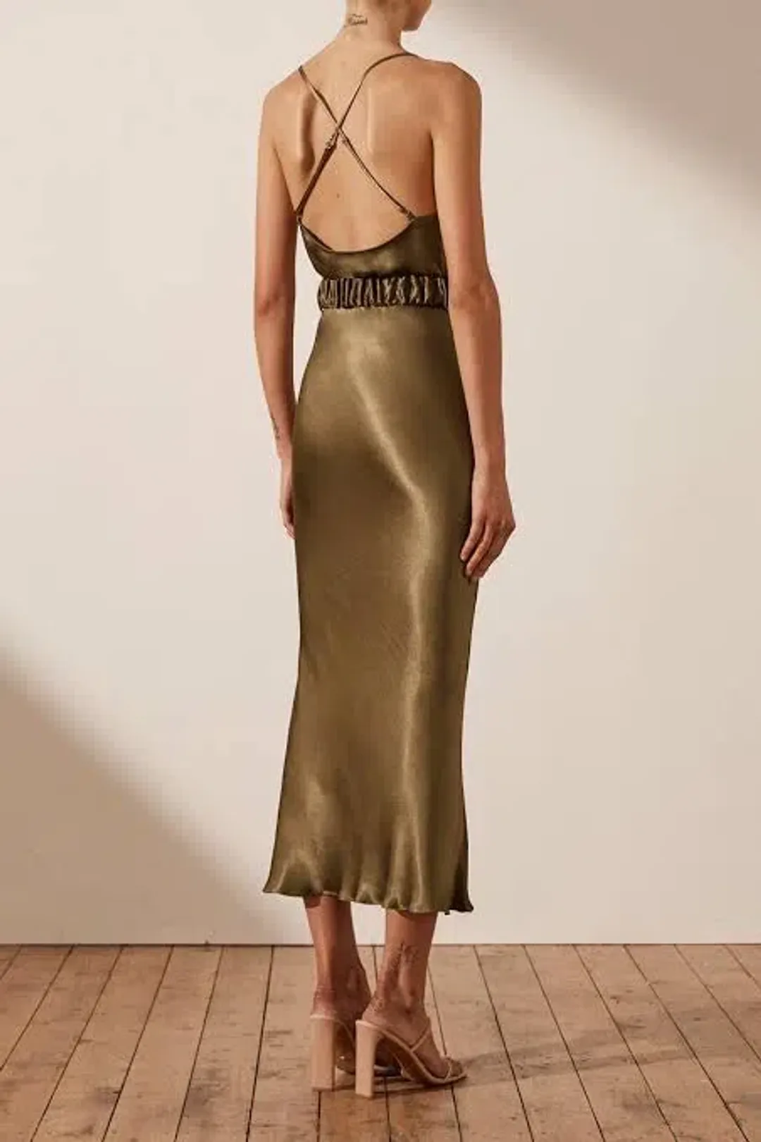 Shona Joy Gala Bias Midi Dress with Belt Warm Olive Green Size 8 for rent on The Volte - main image