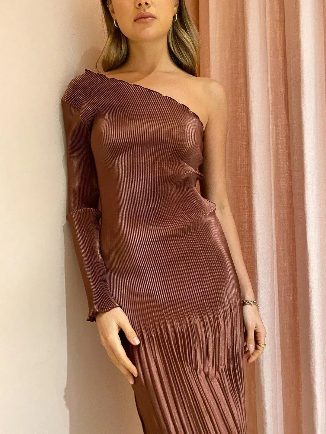 L'Idee Soiree One Shoulder L/S Dress Brown Size 6 for rent on The Volte - main image