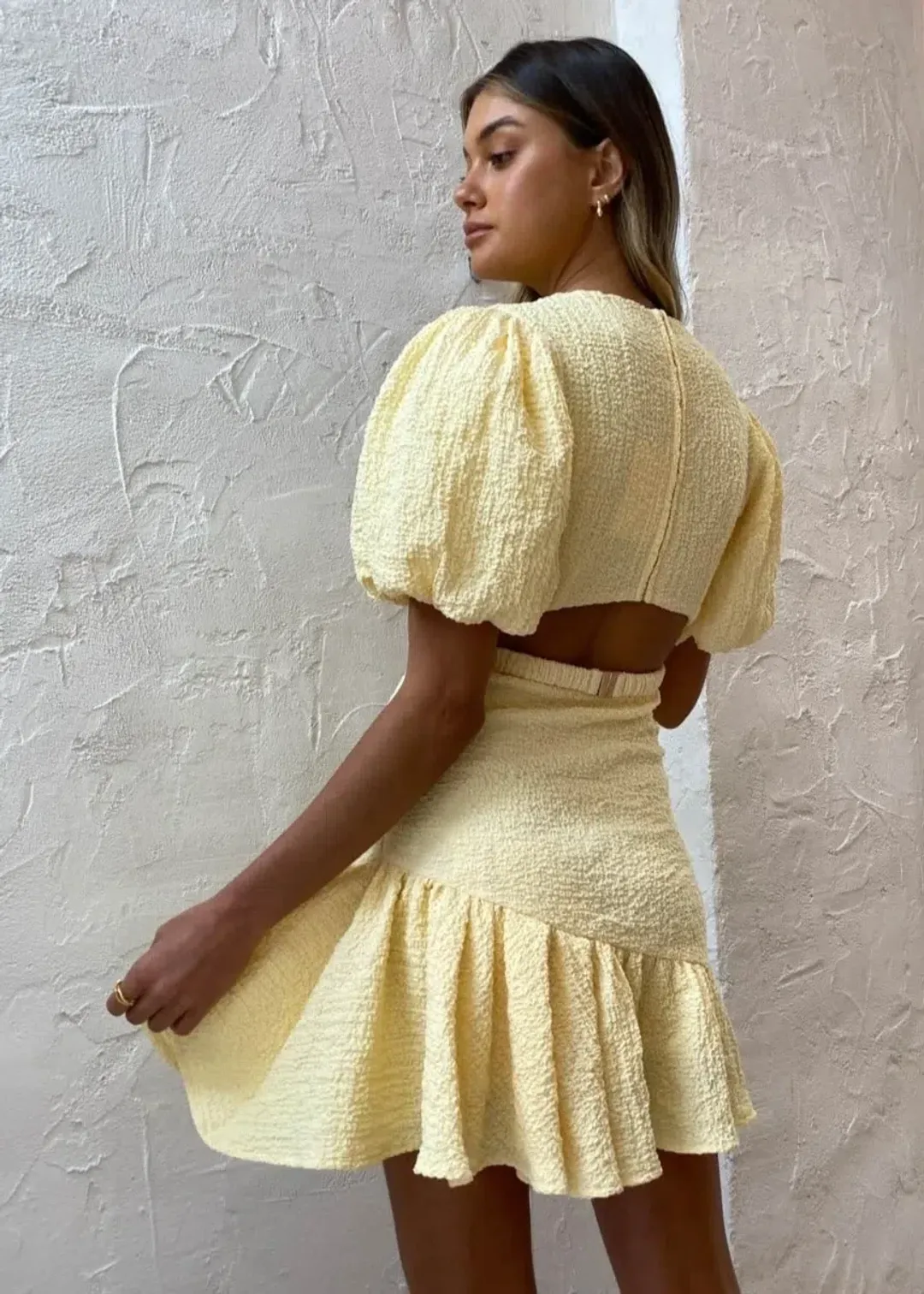 By Nicola Calypso Puff Sleeve Mini Dress Margarita Yellow Size 12 for rent on The Volte - main image