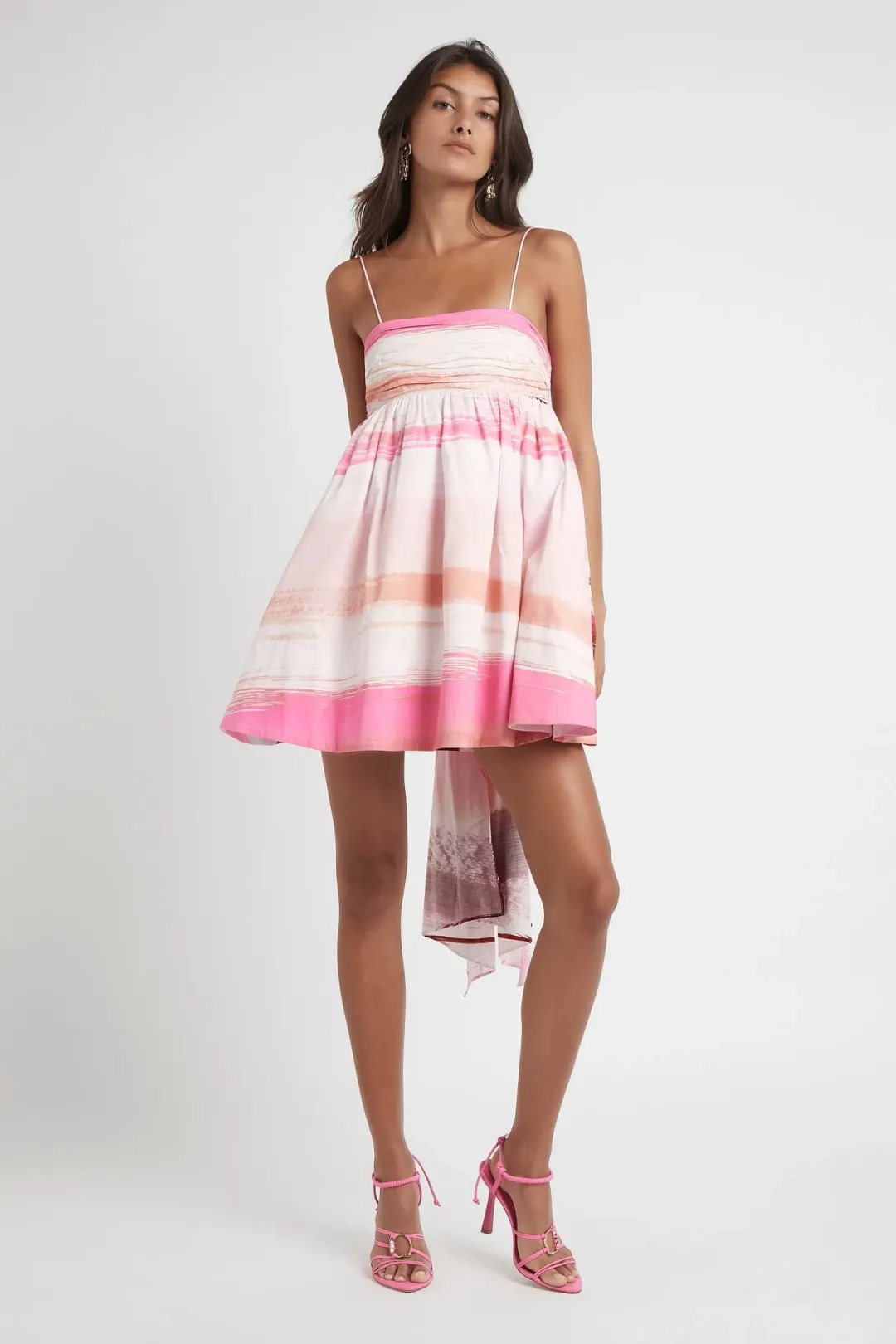 Aje Kasbah Ruched Bow Back Mini Dress Sunset Stripe Size 6 for rent on The Volte - main image