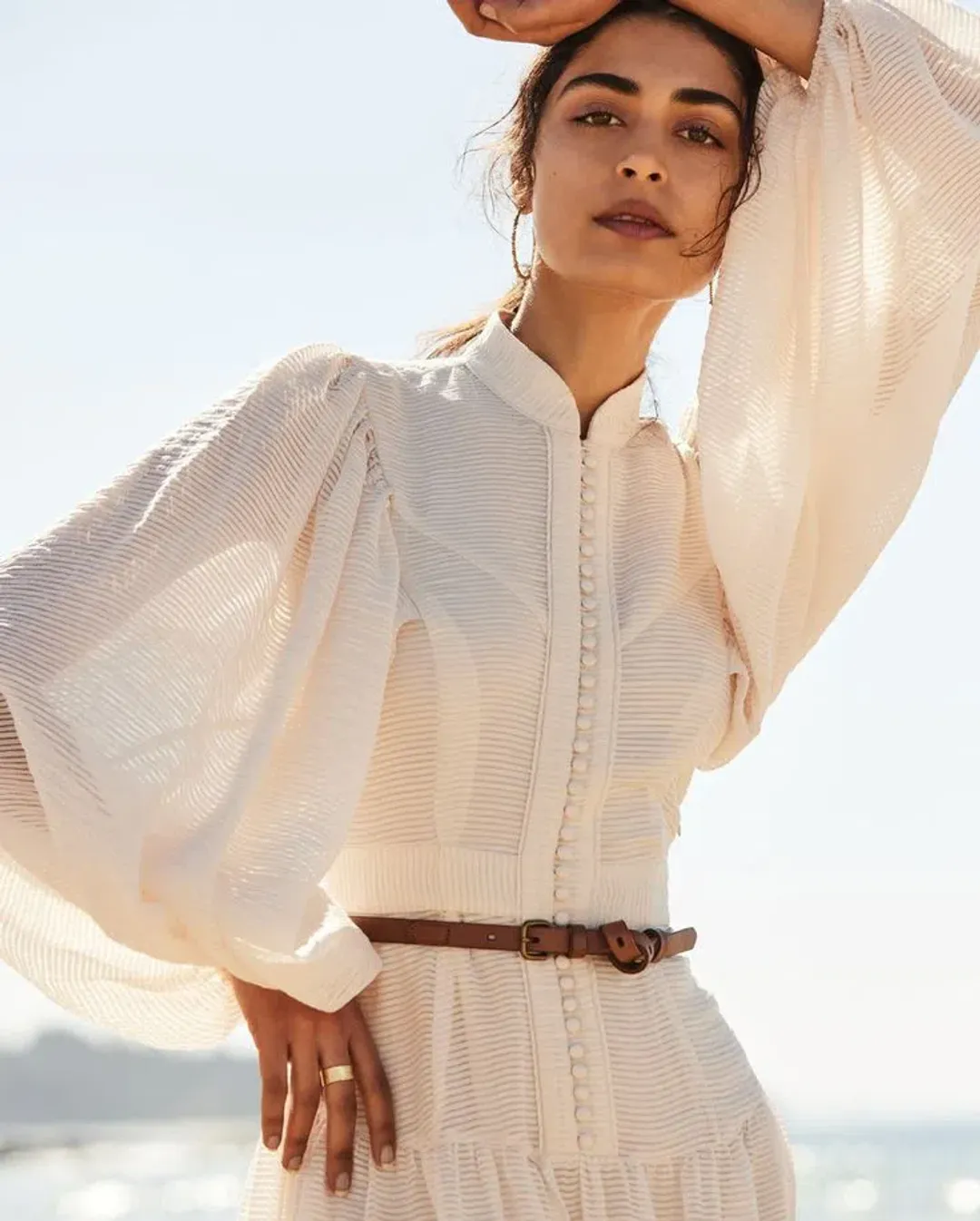 Shona Joy Charlotte High Neck Midi Dress Ecru Cream Size 14 for rent on The Volte - main image