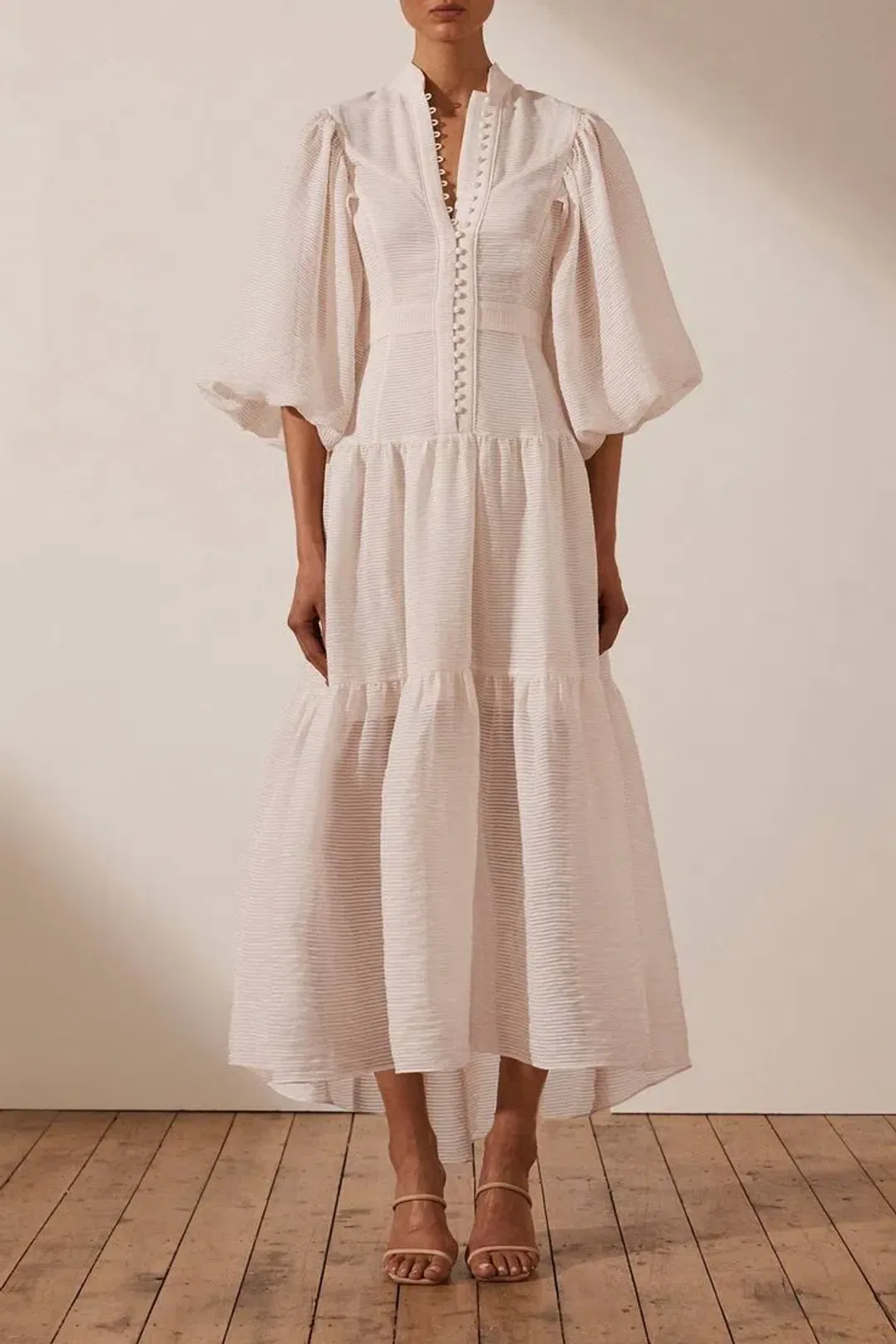 Shona Joy Charlotte High Neck Midi Dress Ecru Cream Size 14 for rent on The Volte - main image