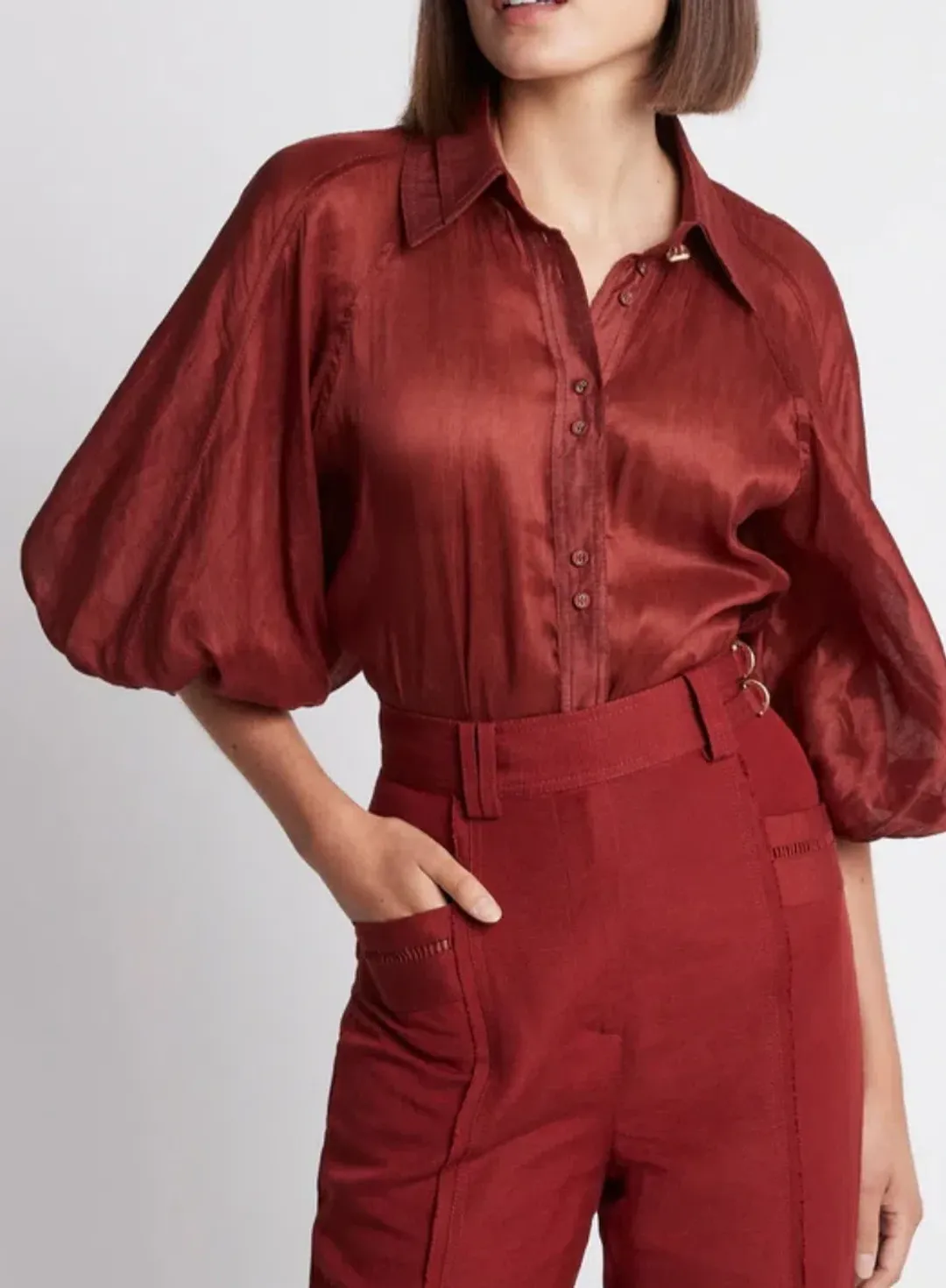 Aje Palms Puff Sleeve Shirt Burgundy Size 12 for rent on The Volte - main image