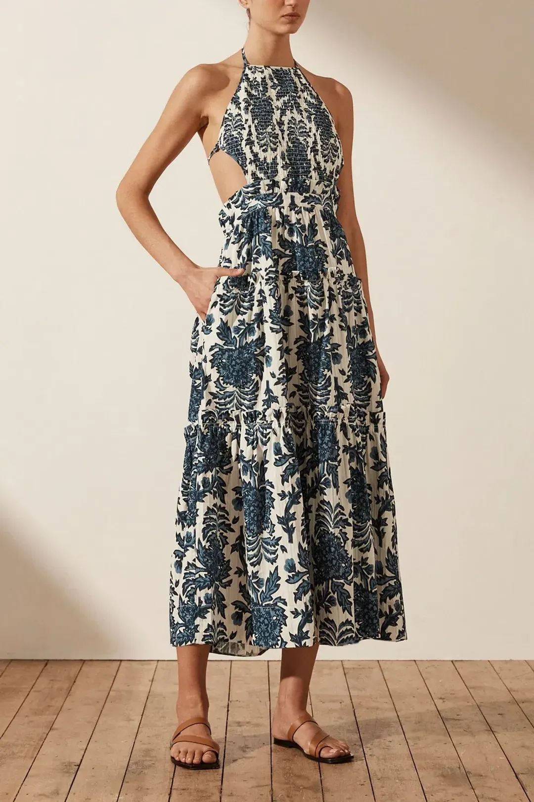 Shona Joy Diana Shirred Backless Midi Dress Print Size 6 for rent on The Volte - main image