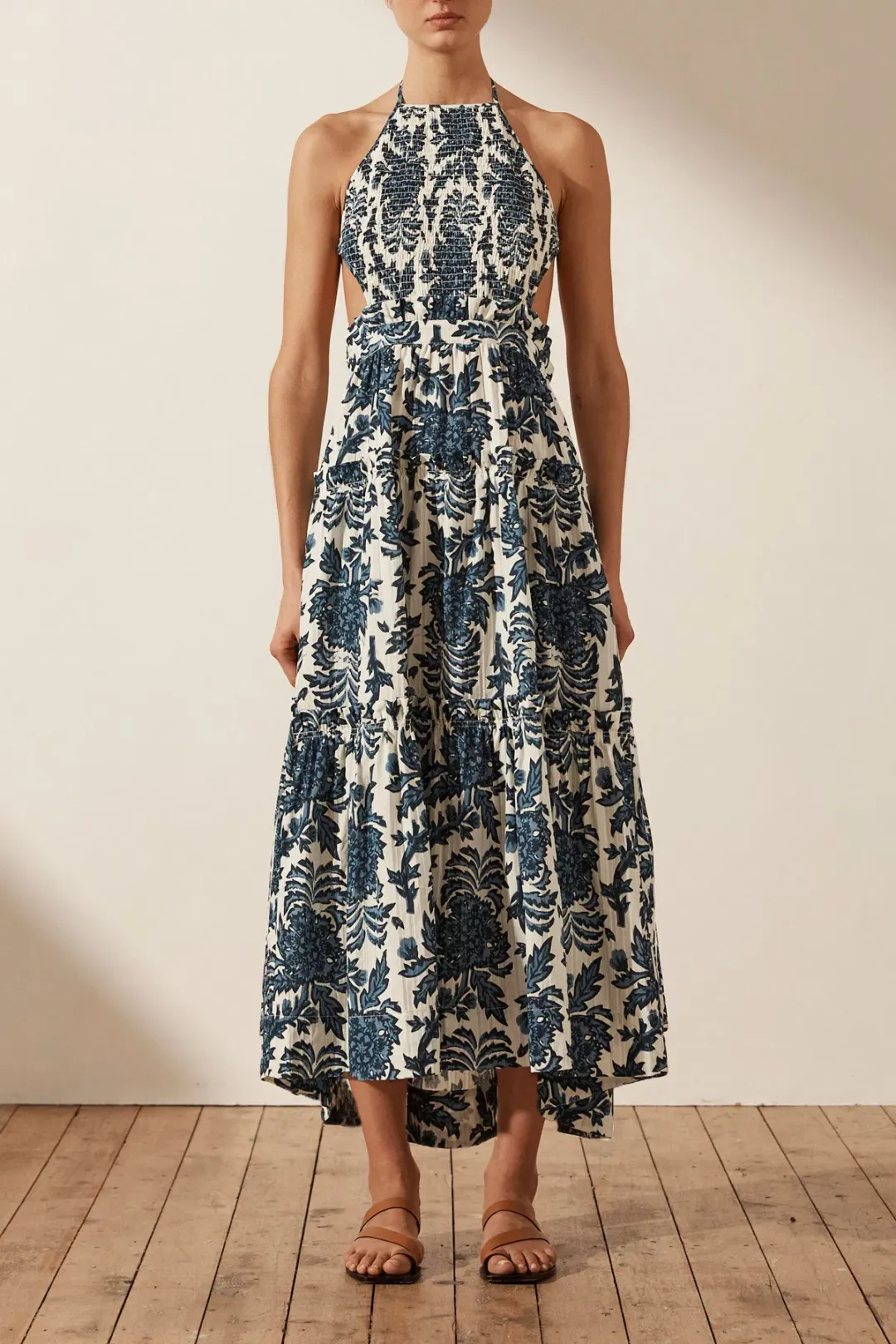 Shona Joy Diana Shirred Backless Midi Dress Print Size 6 for rent on The Volte - main image