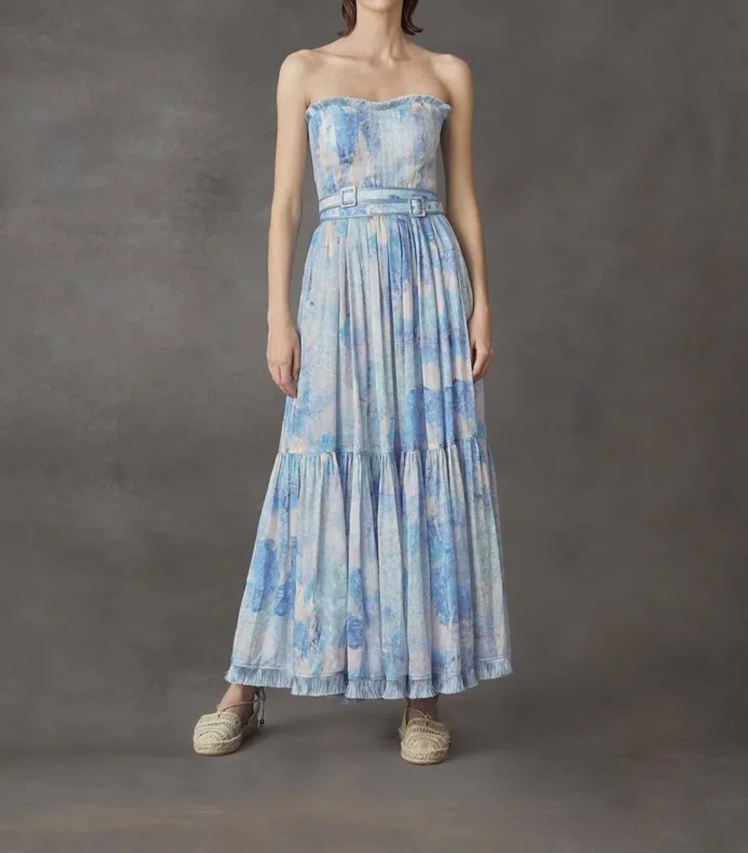 Leo and Lin Oceania Silk Linen Strapless Dress Print Size 10 for rent on The Volte - main image