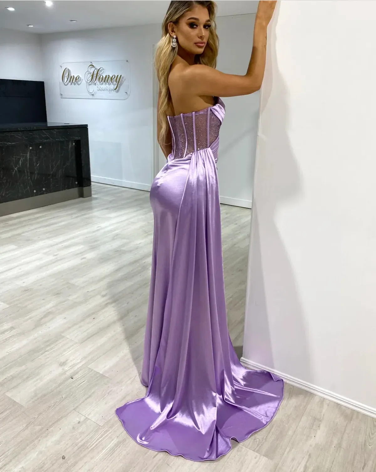Honey Couture Gigi Corset Sparkle Bustier Strapless Mermaid Gown Dress Purple Size 8 - Image 3