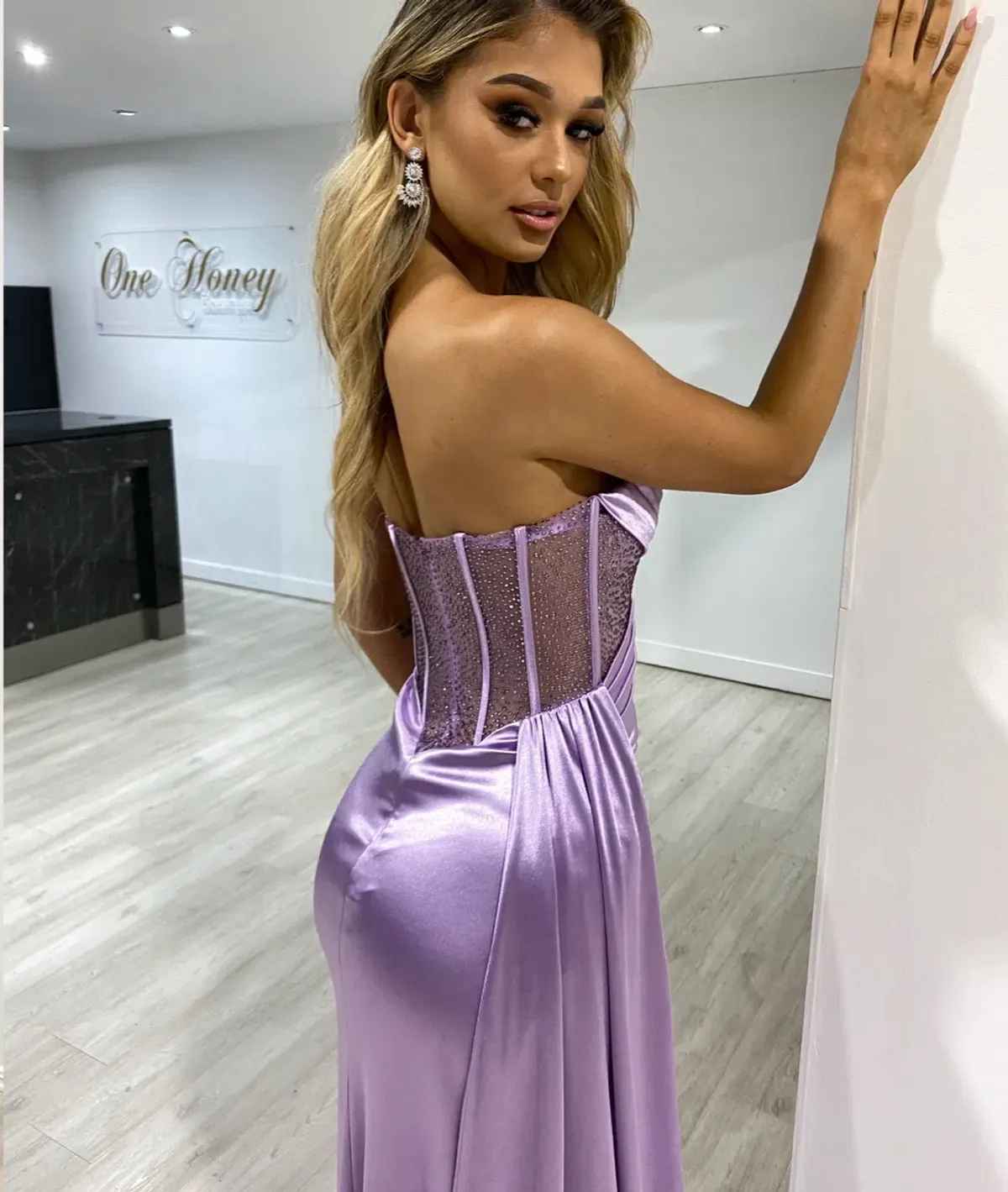 Honey Couture Gigi Corset Sparkle Bustier Strapless Mermaid Gown Dress Purple Size 8 - Image 2