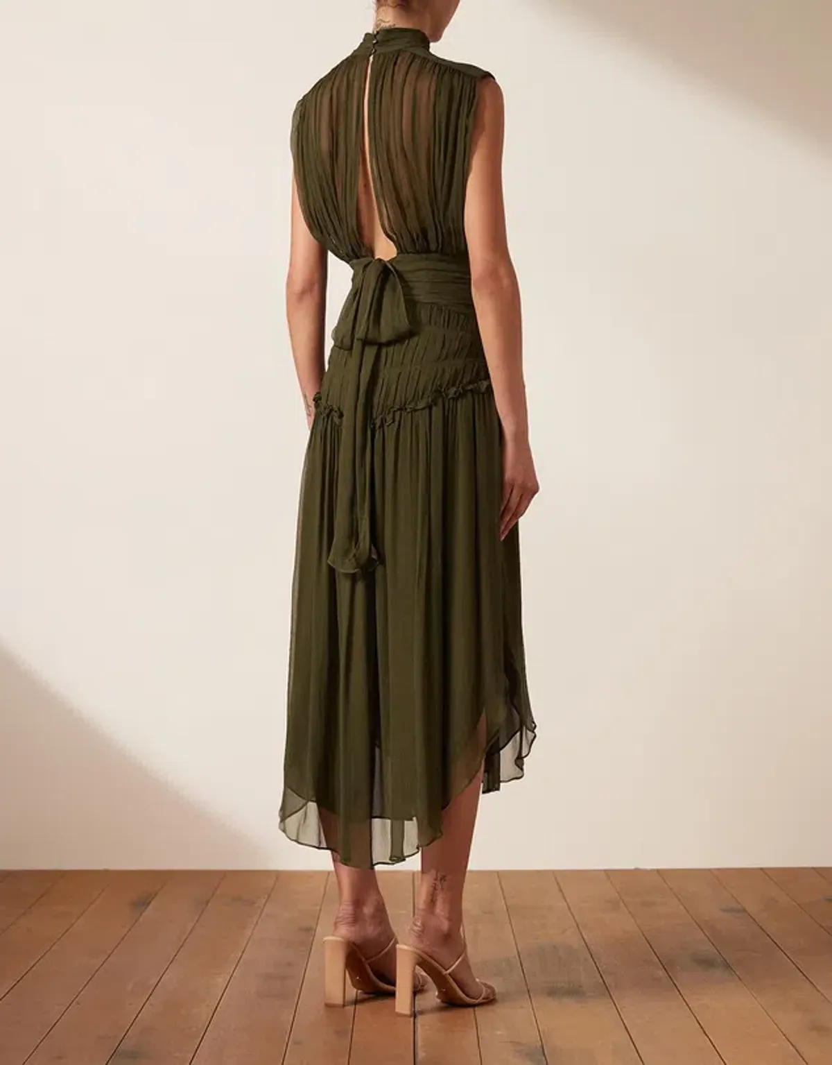 Shona Joy Safira Sleeveless Open Back Midi Dress in Olive Green Size 8 - Image 3
