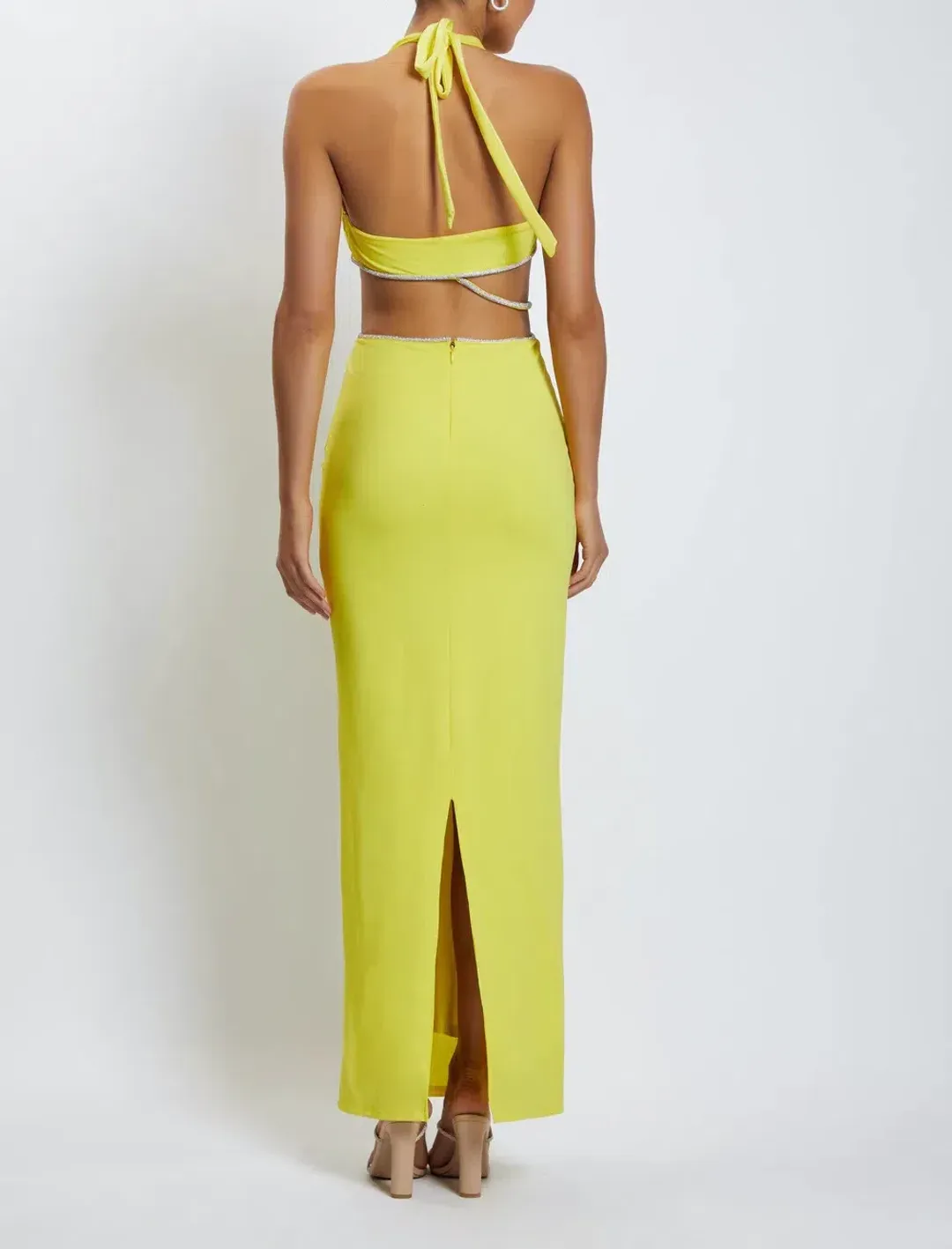 Meshki Nicha Diamante Cut Out Midi Dress Yellow Size 10 for rent on The Volte - main image