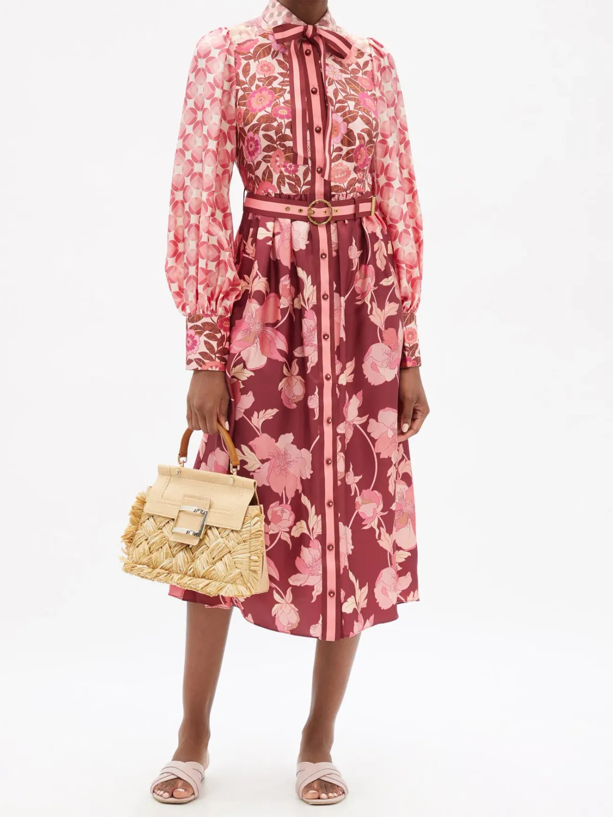 Zimmermann Concert Spliced Floral Silk Midi Dress Pink Print Size 14 - Image 1