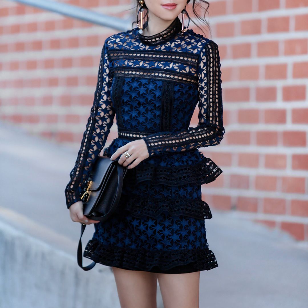 Self Portrait High Neck Star Lace Dress Navy Size 8 for rent on The Volte - main image