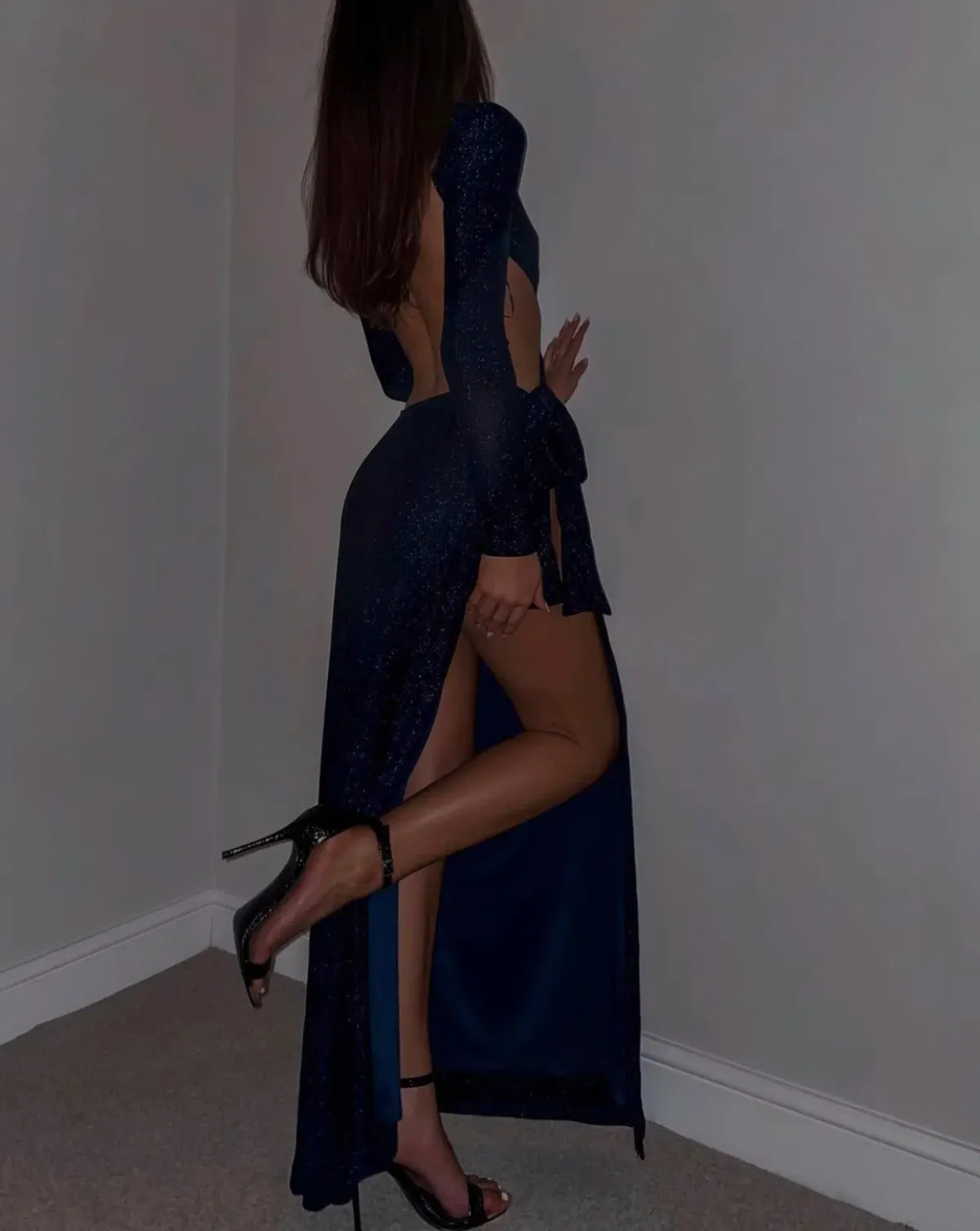 Meshki Christina Backless Maxi Wrap Dress Navy Shimmer Size 6 - Image 3