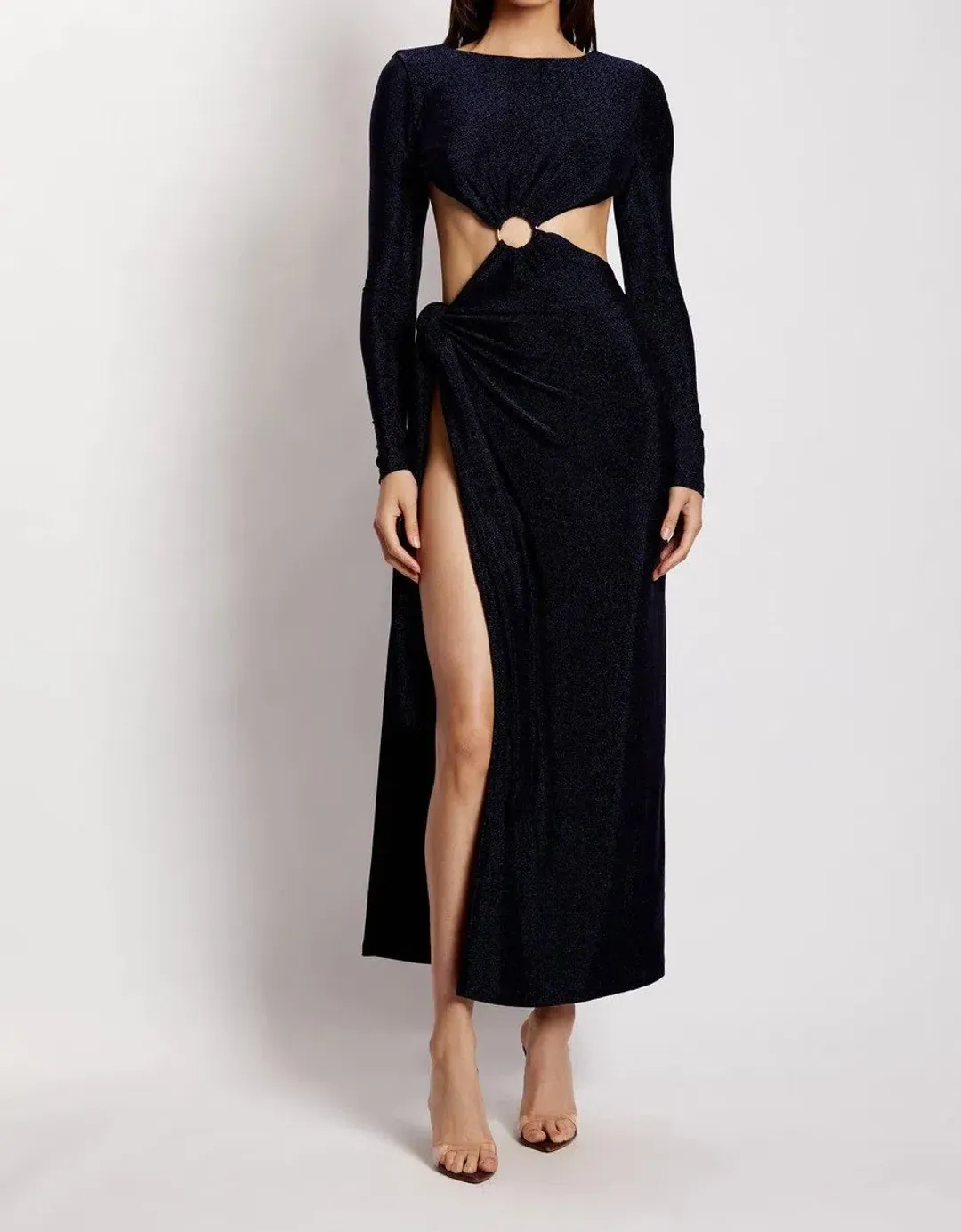 Meshki Christina Backless Maxi Wrap Dress Navy Shimmer Size 6 for rent on The Volte - main image