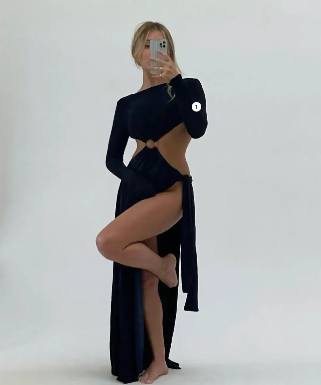 Meshki Christina Backless Maxi Wrap Dress Navy Shimmer Size 6 for rent on The Volte - main image