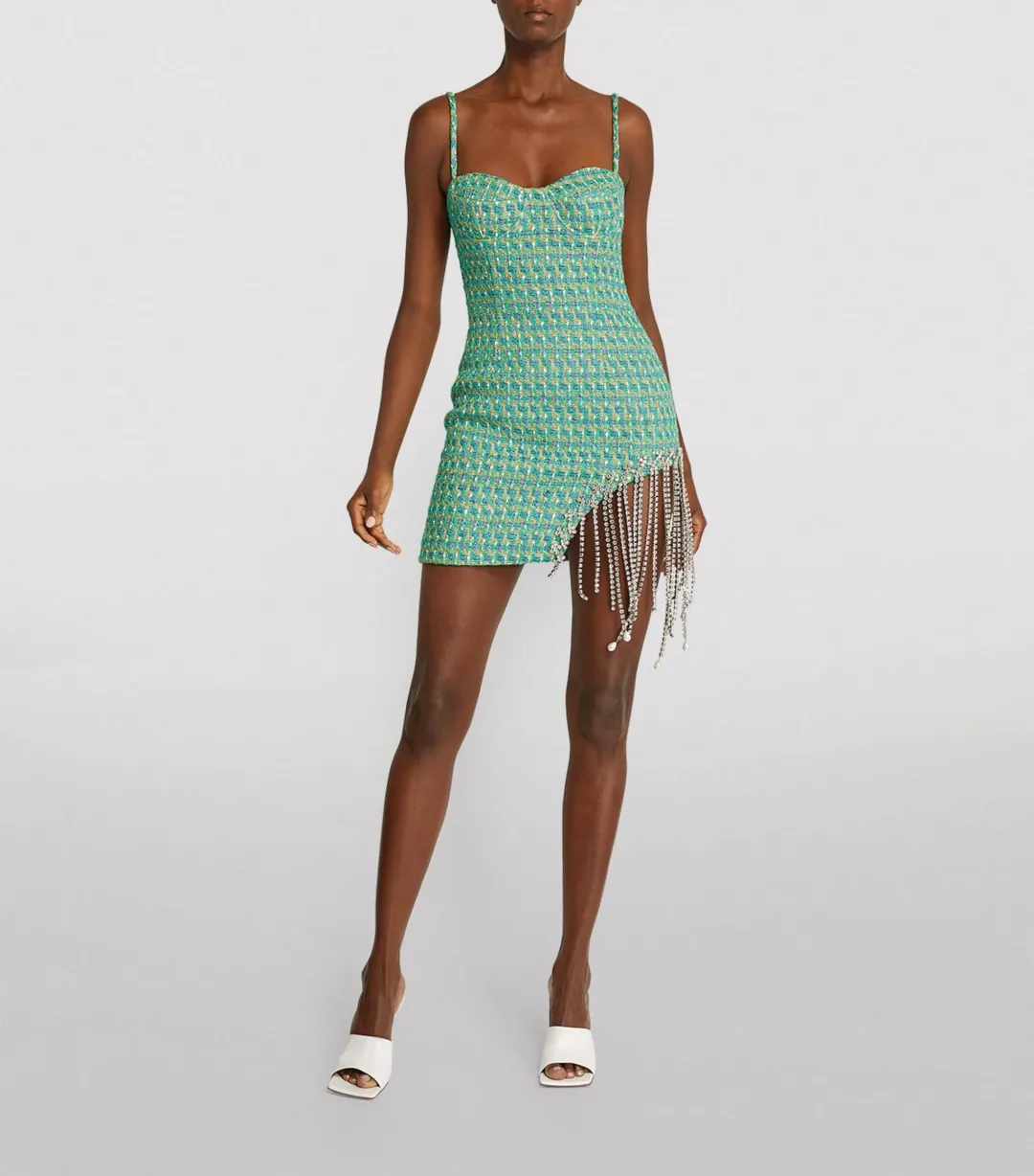 Area NYC Tweed Crystal Mini Dress Green Size 8  for rent on The Volte - main image