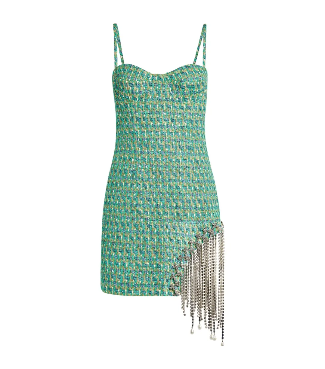 Area NYC Tweed Crystal Mini Dress Green Size 8  for rent on The Volte - main image