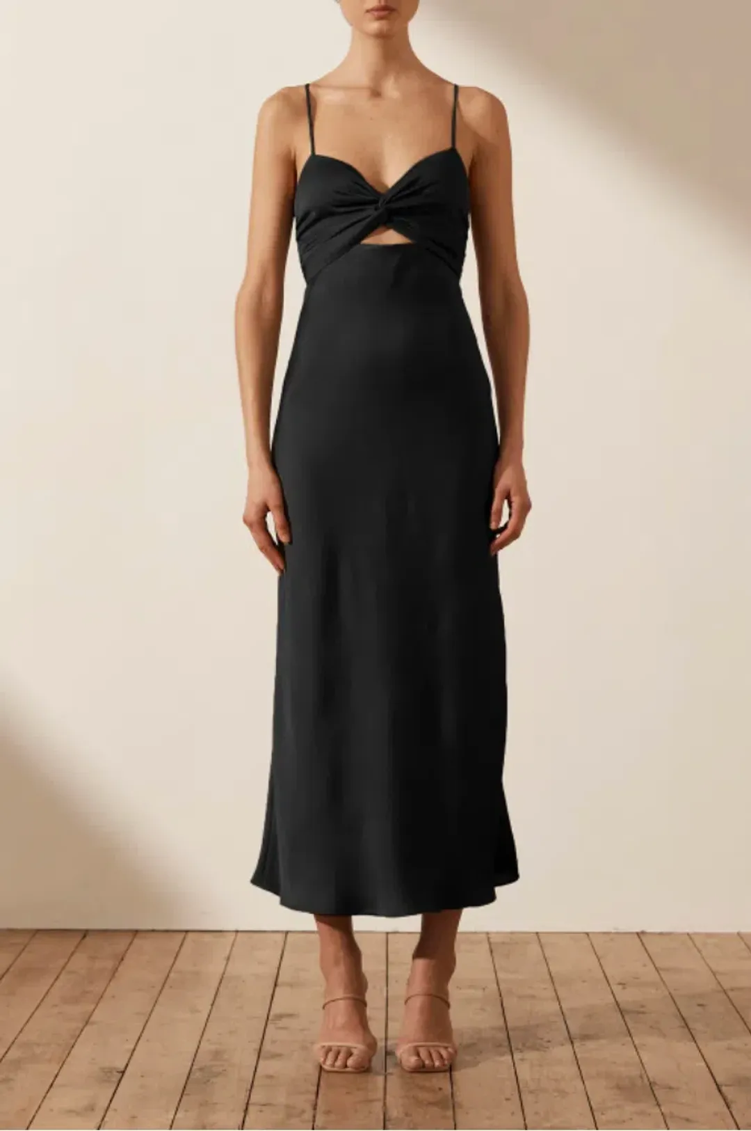 Shona Joy Luxe Twist Front Sleeveless Midi Dress Black Size 8 for rent on The Volte - main image