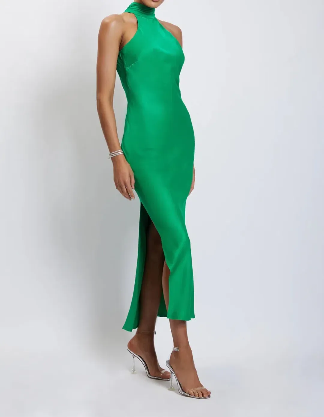 Meshki Claire Satin Drape Back Maxi Dress Green Size 8 for rent on The Volte - main image