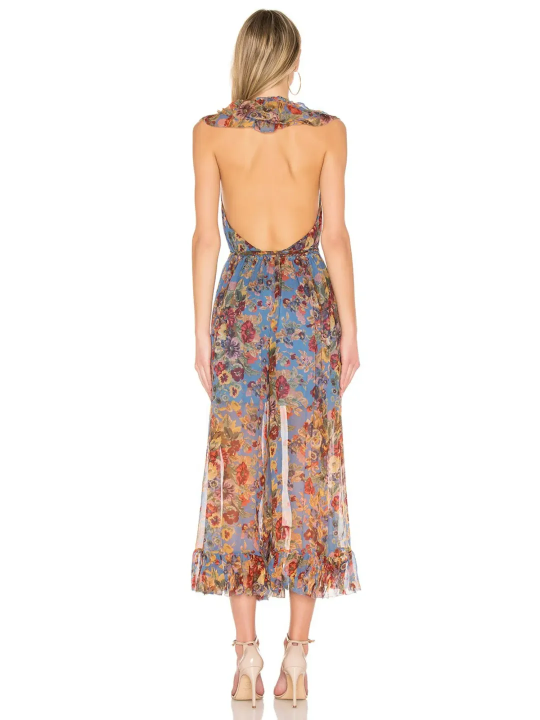 Zimmermann Lovelorn Frill Jumpsuit In Blue Floral Size 0 / AU 8 for rent on The Volte - main image