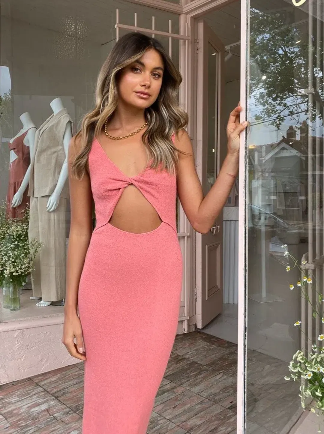 Bec & Bridge Oasis Knit Twist Midi Dress Salmon Size 6  for rent on The Volte - main image