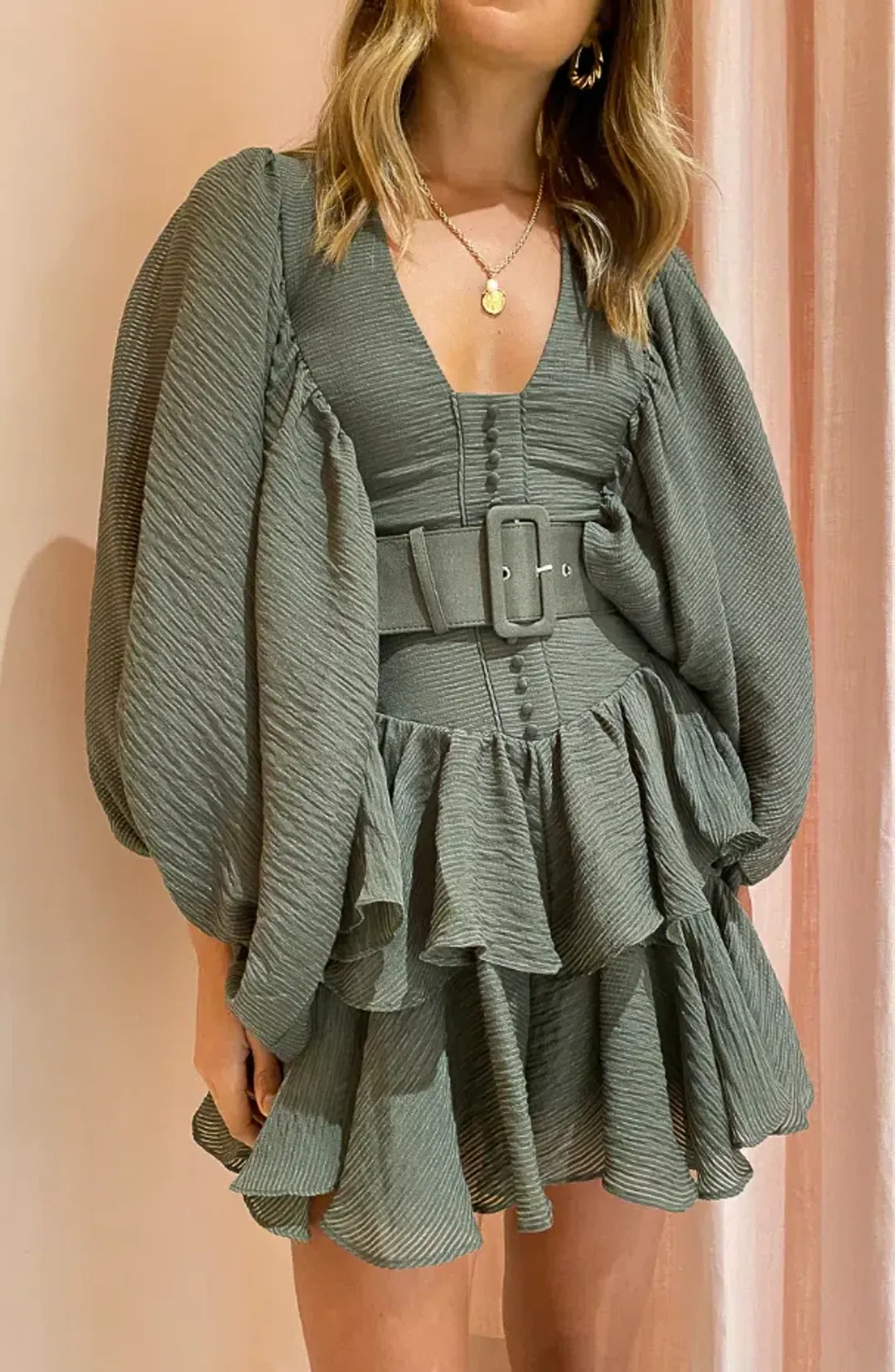 Shona Joy Charlotte Mini Dress in Khaki Size 8  for rent on The Volte - main image